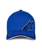 Cappello Alpinestars Corp Shift Relay, blu, cappello da baseball strutturato con visiera curva, ricamo logo 3D Astars nero con contorno bianco, bordo sandwich bianco e nero sulla visiera, streetwear motorsport casual