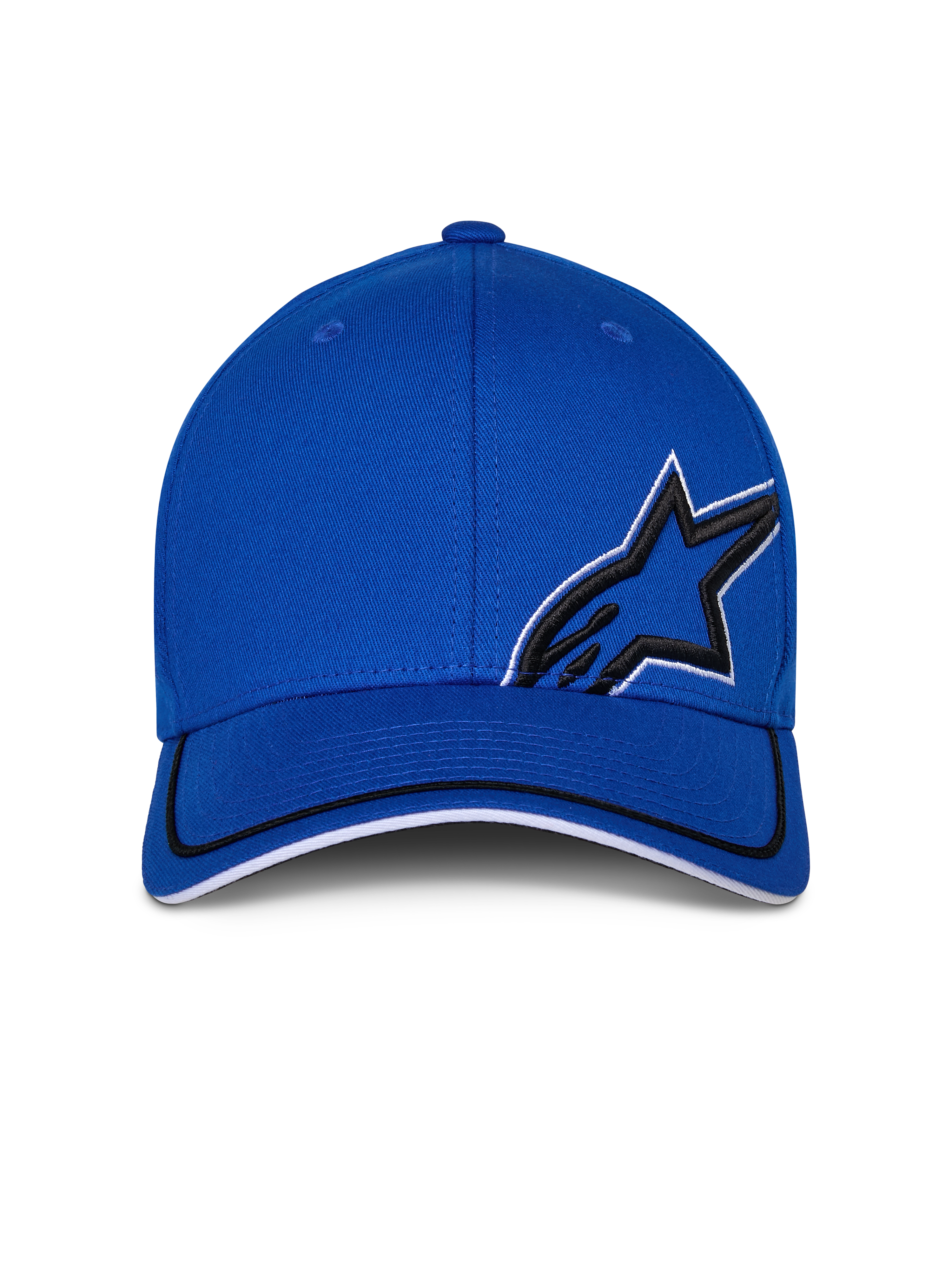 Cappello Alpinestars Corp Shift Relay, blu, cappello da baseball strutturato con visiera curva, ricamo logo 3D Astars nero con contorno bianco, bordo sandwich bianco e nero sulla visiera, streetwear motorsport casual