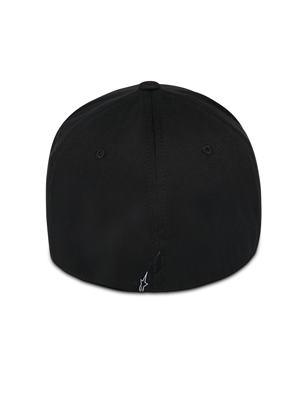 Cappello Alpinestars Pivot, berretto nero con retro flessibile, vista posteriore con piccolo logo Astars bianco ricamato, costruzione in twill, abbigliamento casual motorsport