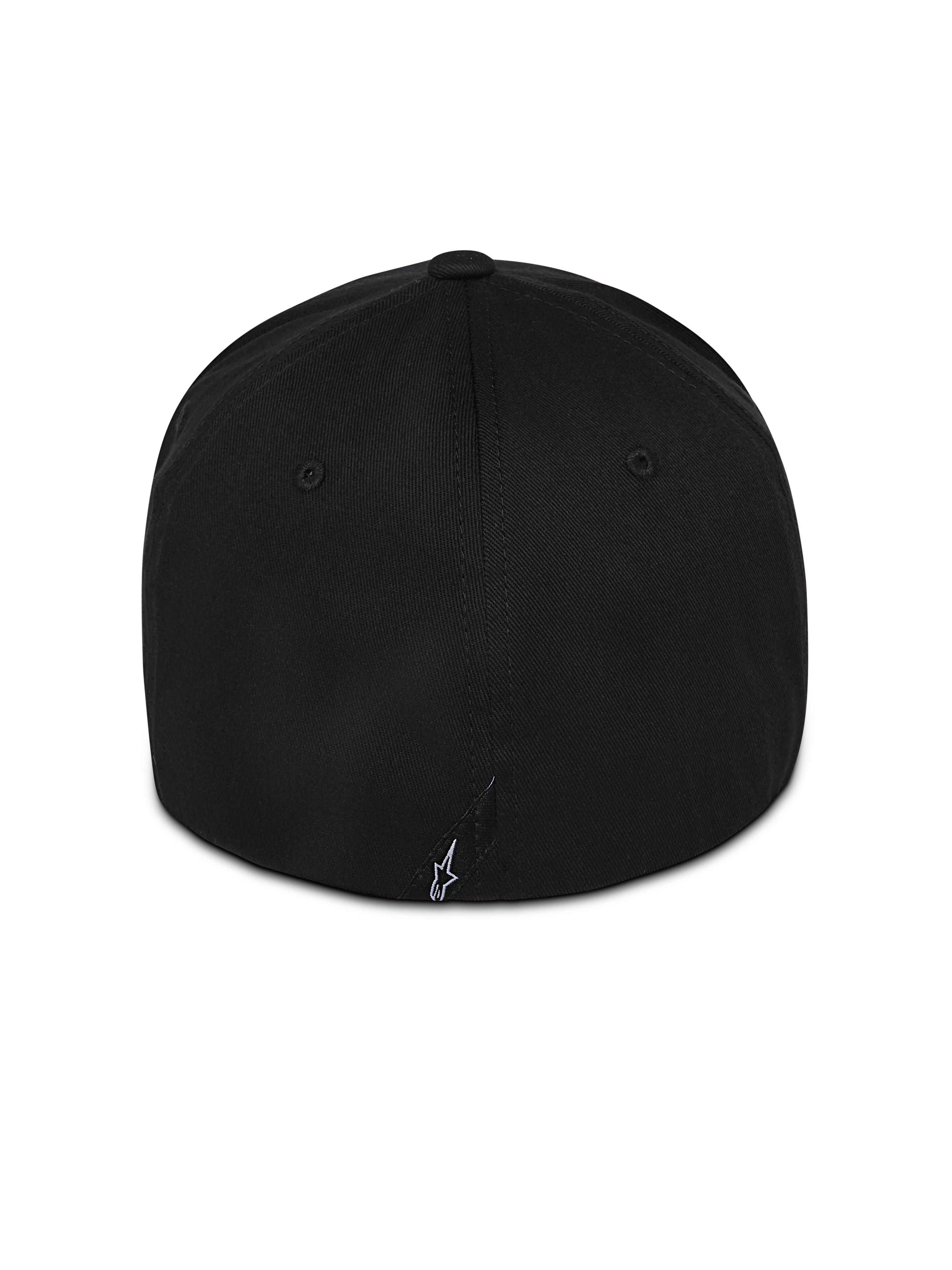 Cappello Alpinestars Pivot, berretto nero con retro flessibile, vista posteriore con piccolo logo Astars bianco ricamato, costruzione in twill, abbigliamento casual motorsport