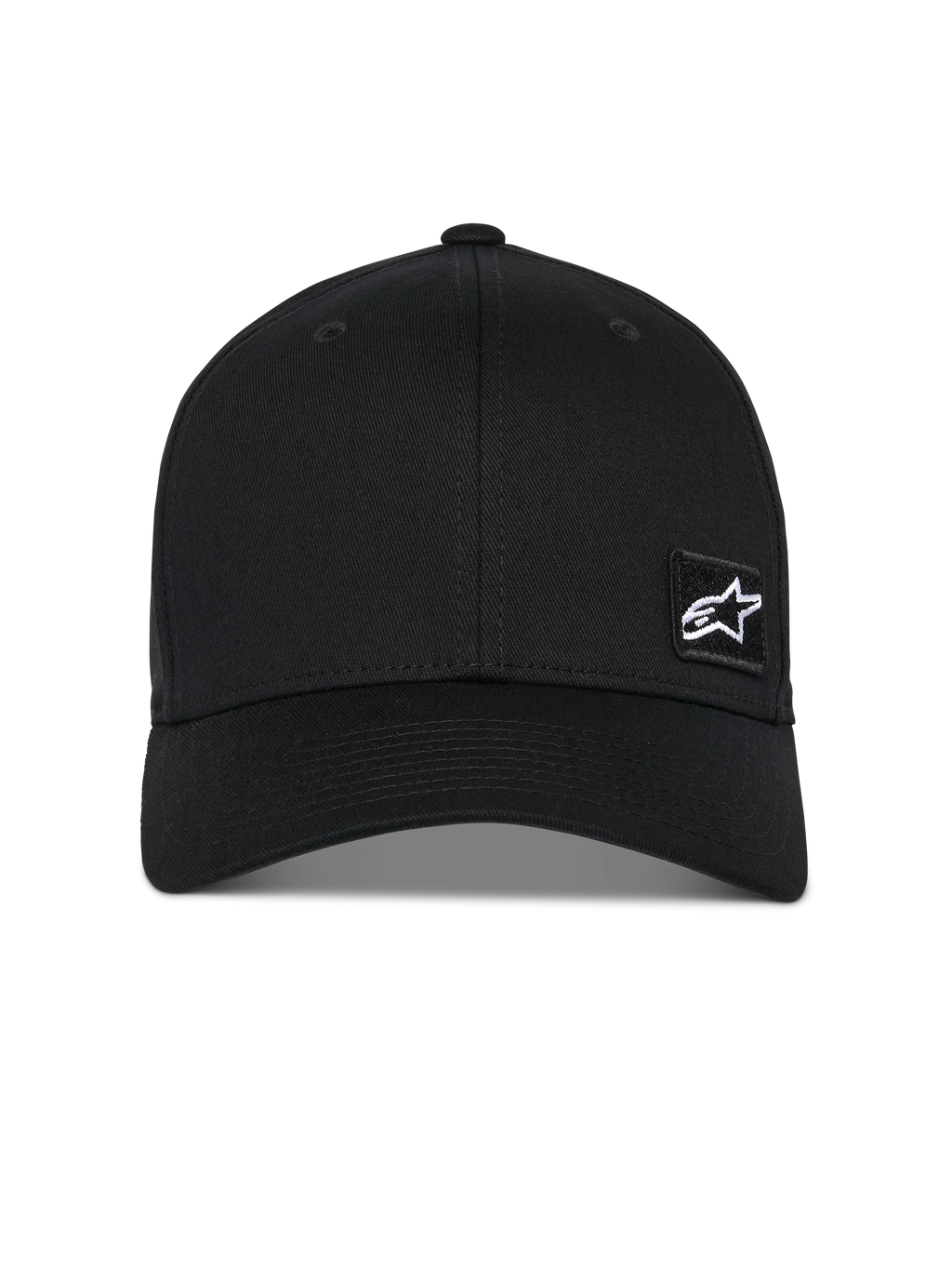Alpinestars Pivot Hat, berretto da baseball nero, visiera curva con corona strutturata, piccolo logo Astars bianco su toppa ricamata nera, abbigliamento sportivo casual ispirato al motorsport