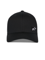 Alpinestars Pivot Hat, berretto da baseball nero, visiera curva con corona strutturata, piccolo logo Astars bianco su toppa ricamata nera, abbigliamento sportivo casual ispirato al motorsport