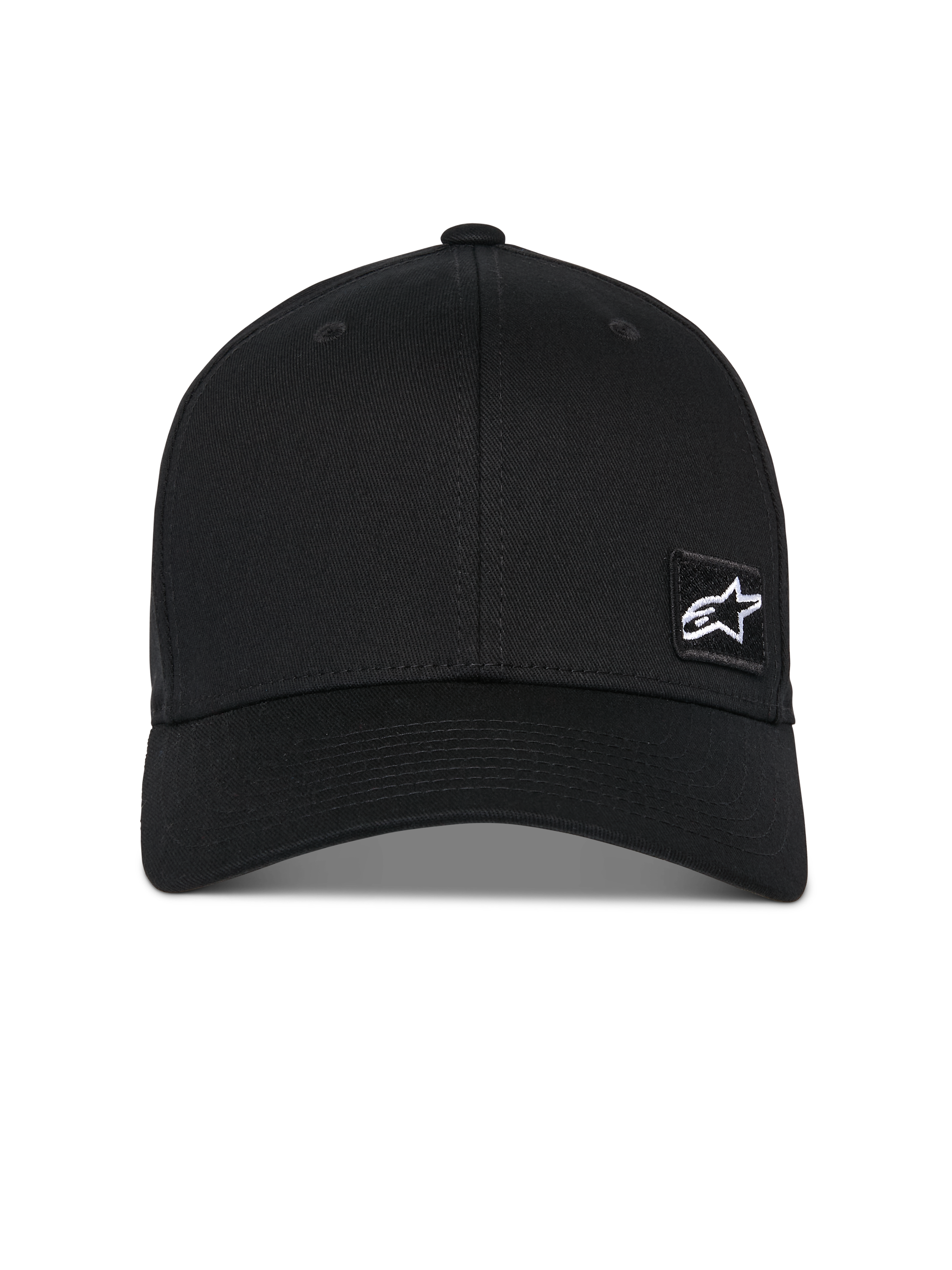 Alpinestars Pivot Hat, berretto da baseball nero, visiera curva con corona strutturata, piccolo logo Astars bianco su toppa ricamata nera, abbigliamento sportivo casual ispirato al motorsport