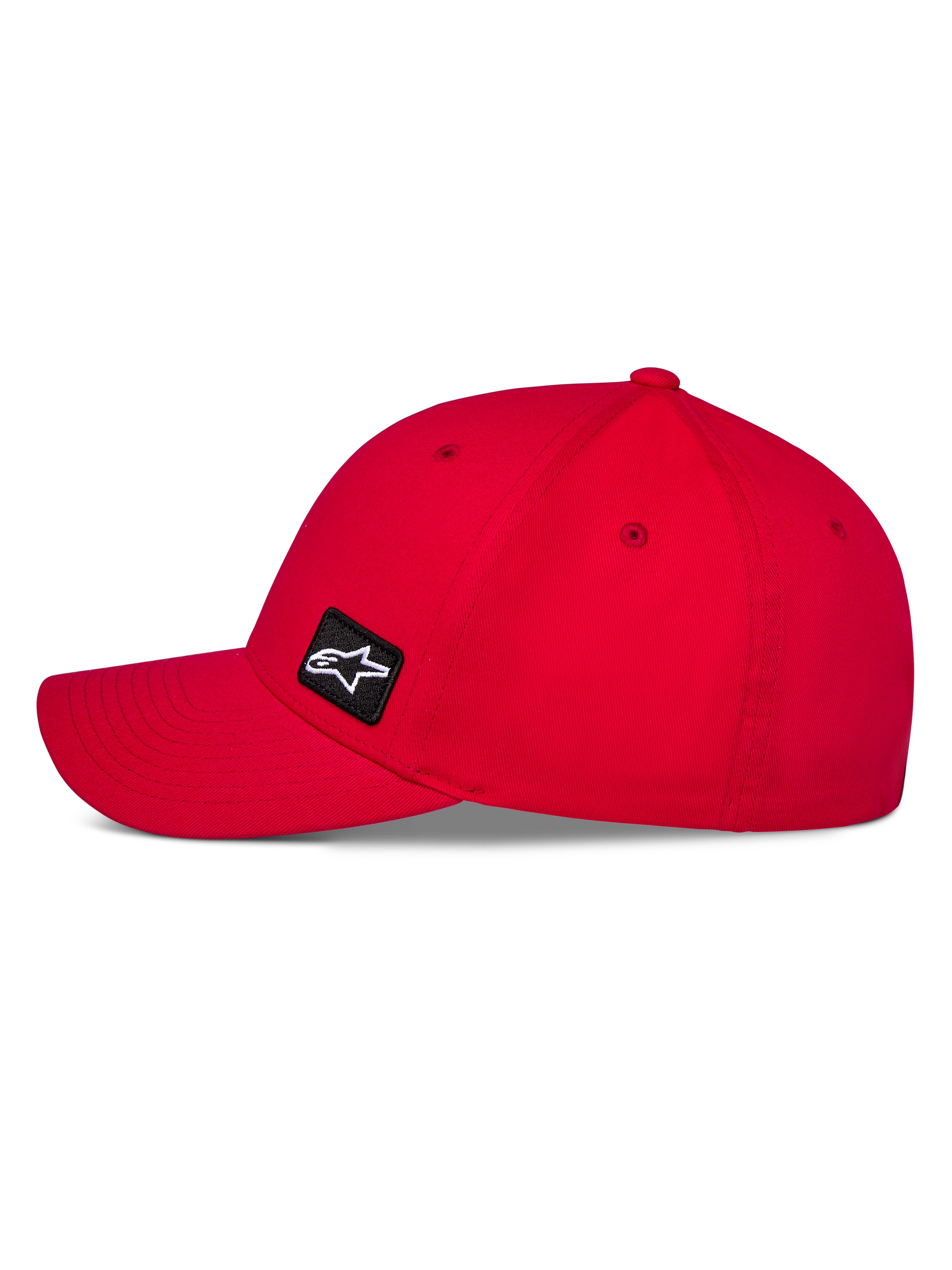 Alpinestars Pivot Hat, cappello sportswear rosso, profilo laterale con visiera curva e corona strutturata, piccola toppa nera con logo Astars ricamato, tessuto twill resistente, design casual motorsport