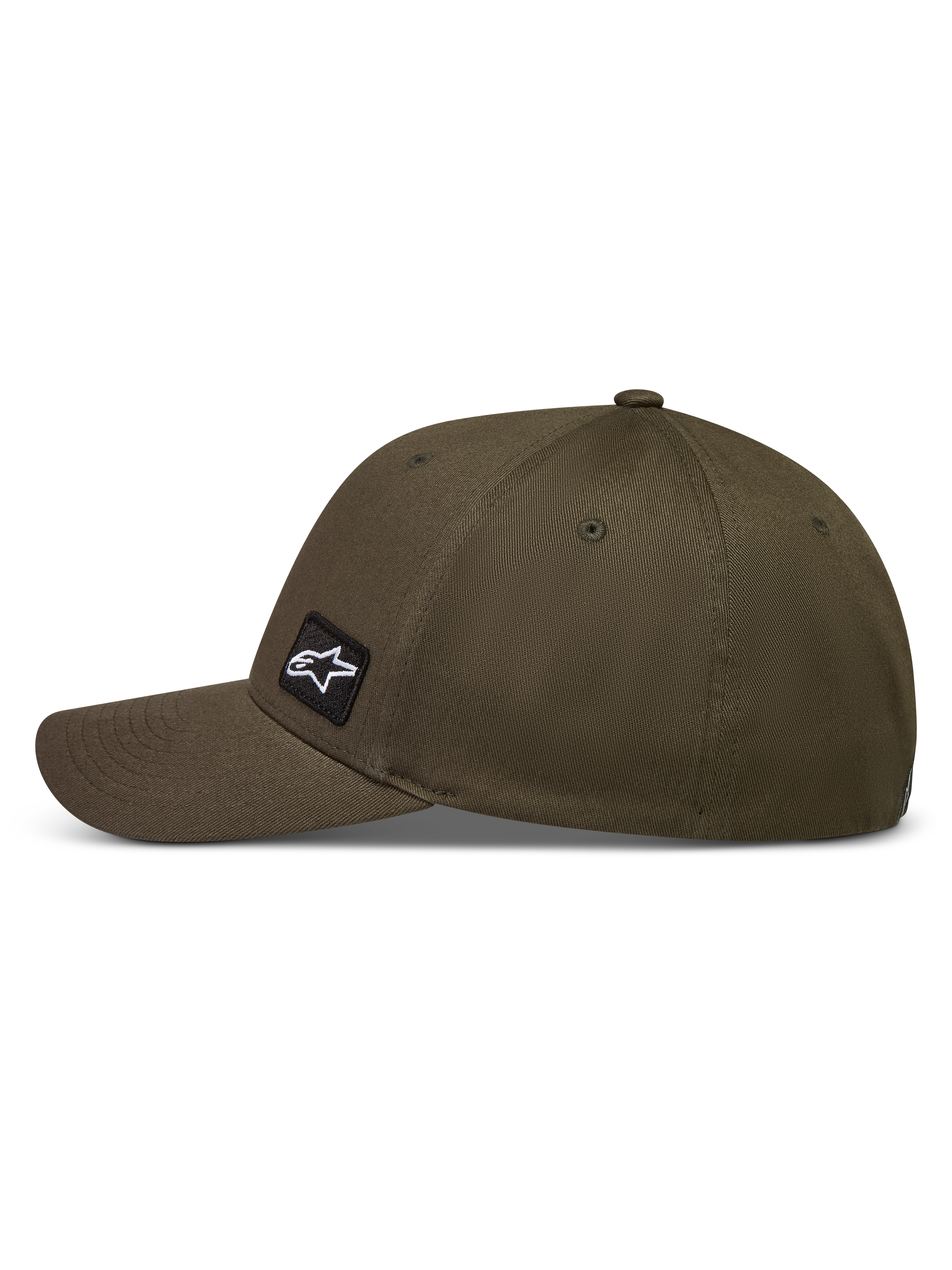 Alpinestars Pivot Cappello, cappello con visiera curva in verde militare, corona strutturata in twill con toppa laterale ricamata logo Astars, abbigliamento casual ispirato al motorsport.