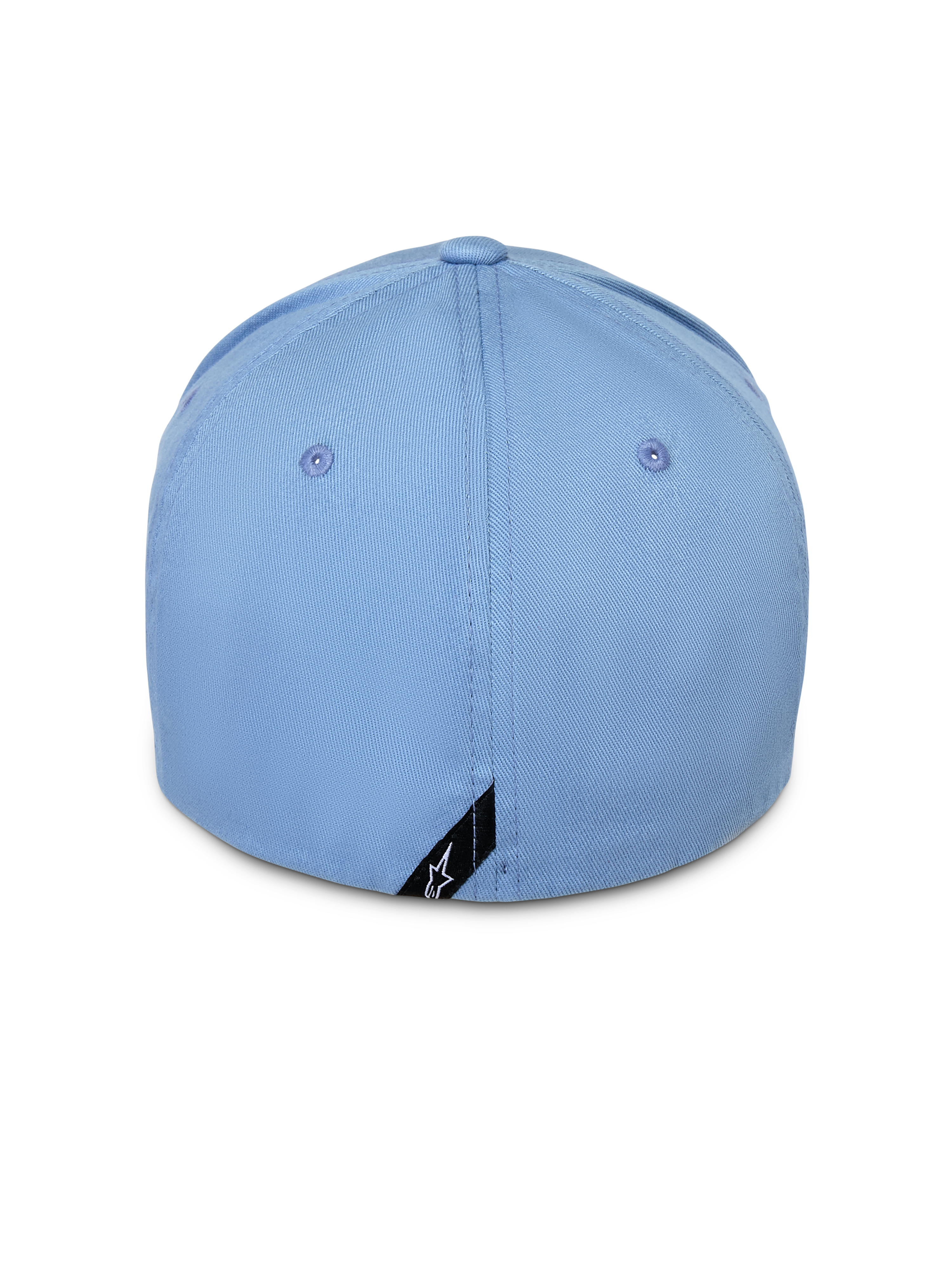 Cappello Alpinestars Pivot, blu, vista posteriore di cappellino da baseball flex back, twill di cotone azzurro con piccola etichetta nera con logo Astars sul bordo, streetwear casual ispirato al motorsport