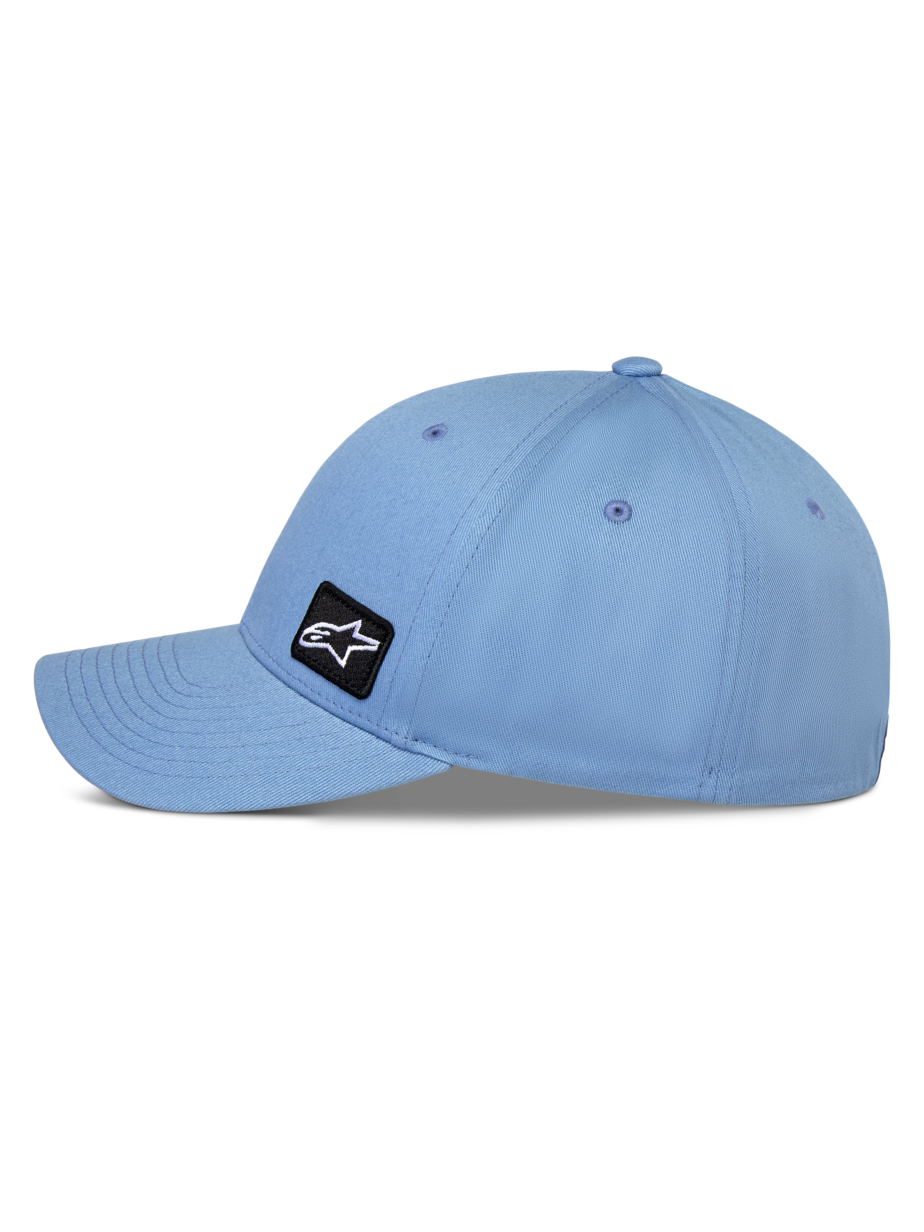 Cappello Alpinestars Pivot, blu, cappellino stile baseball con visiera curva, vista laterale con corona strutturata e tessuto in twill, piccola toppa con logo Astars ricamato nero, abbigliamento sportivo casual ispirato al motorsport