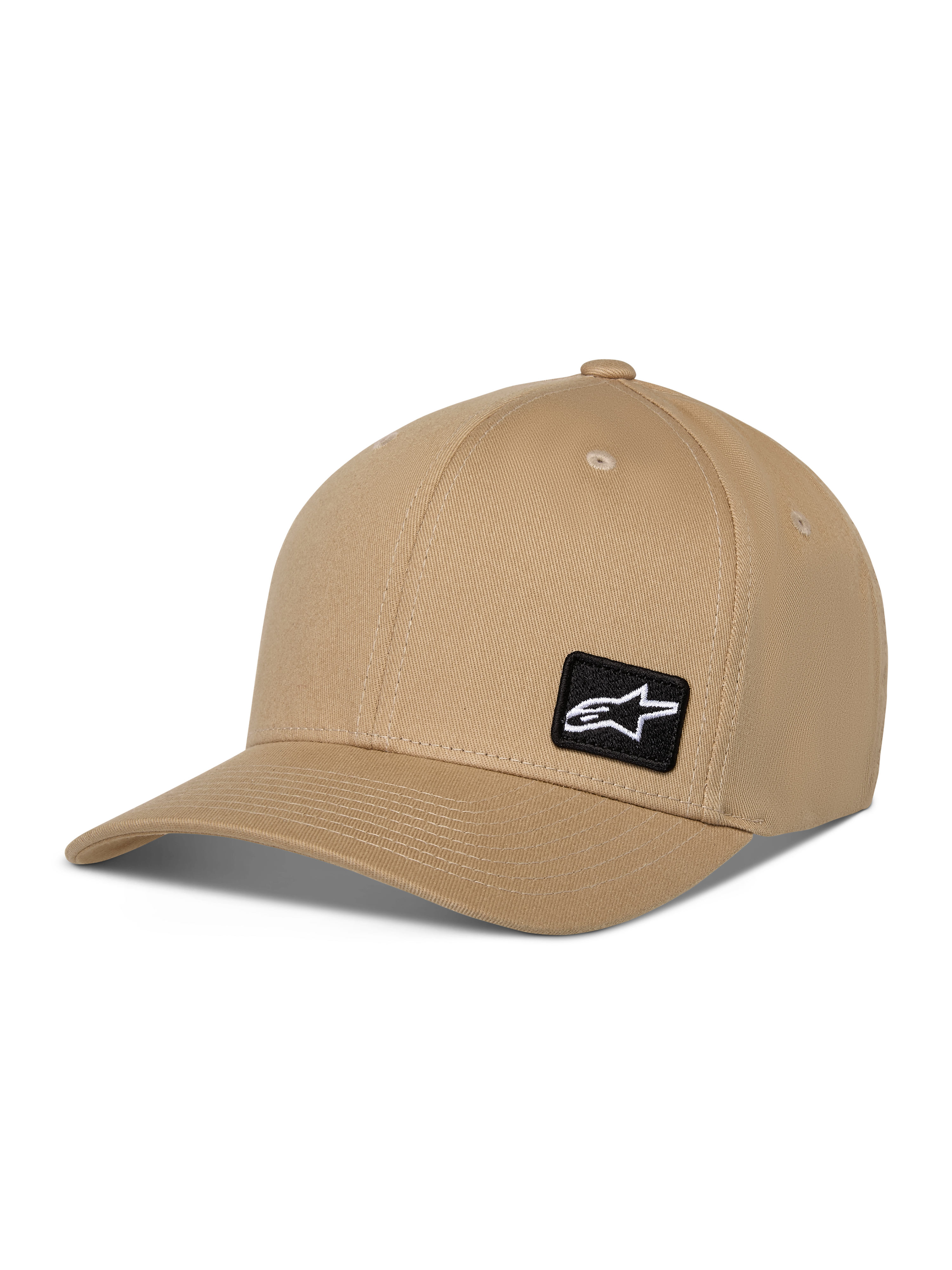 Alpinestars Cappello Pivot, berretto da baseball casual, color sabbia khaki, visiera curva con corona strutturata, piccola toppa quadrata nera con logo Astars bianco, copricapo sportswear in twill di cotone