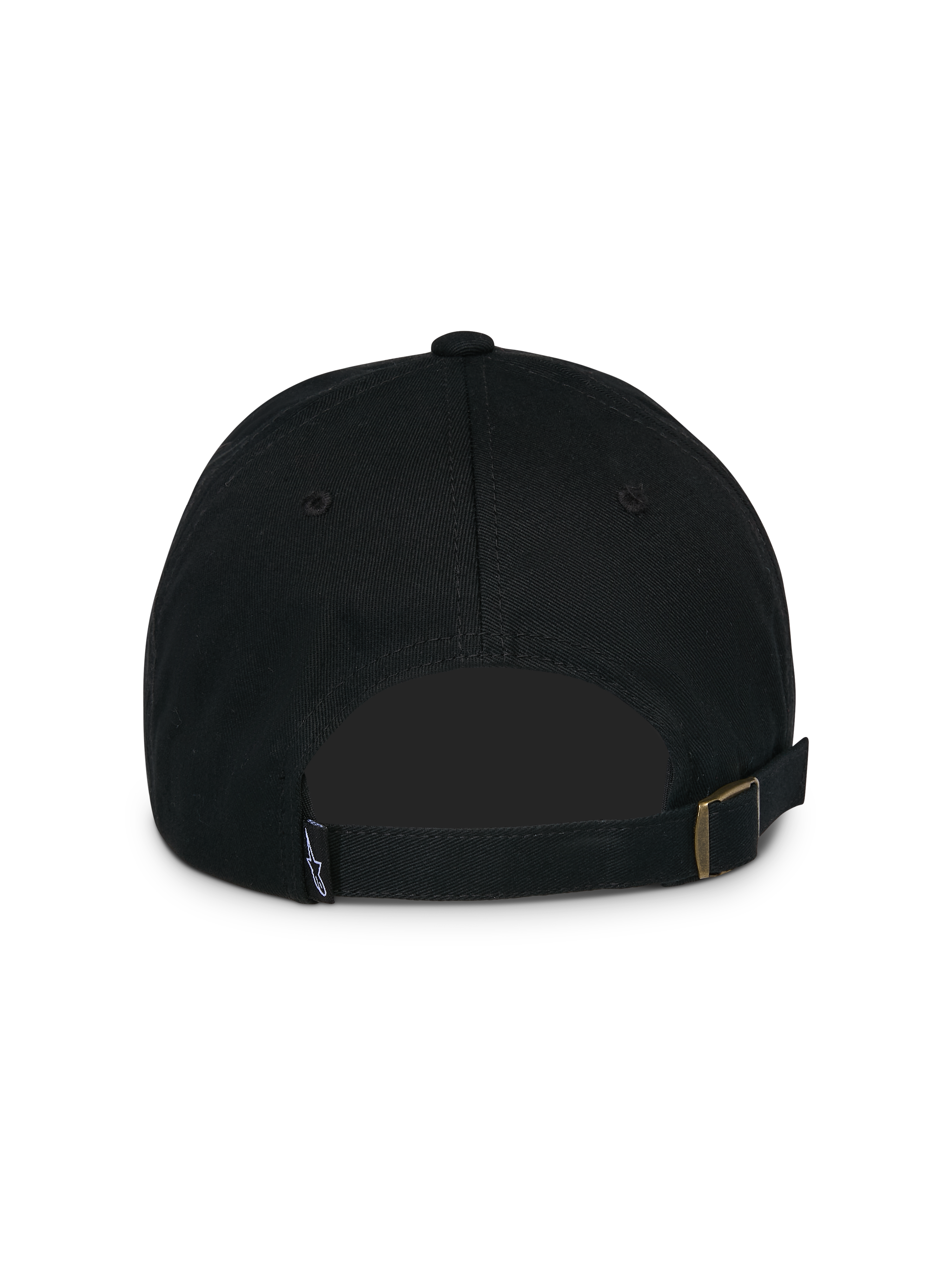 Cappello Alpinestars Calipalm Strapback, nero, vista posteriore con chiusura regolabile con fibbia in metallo, piccola etichetta con logo tessuta, struttura in twill di cotone non strutturata
