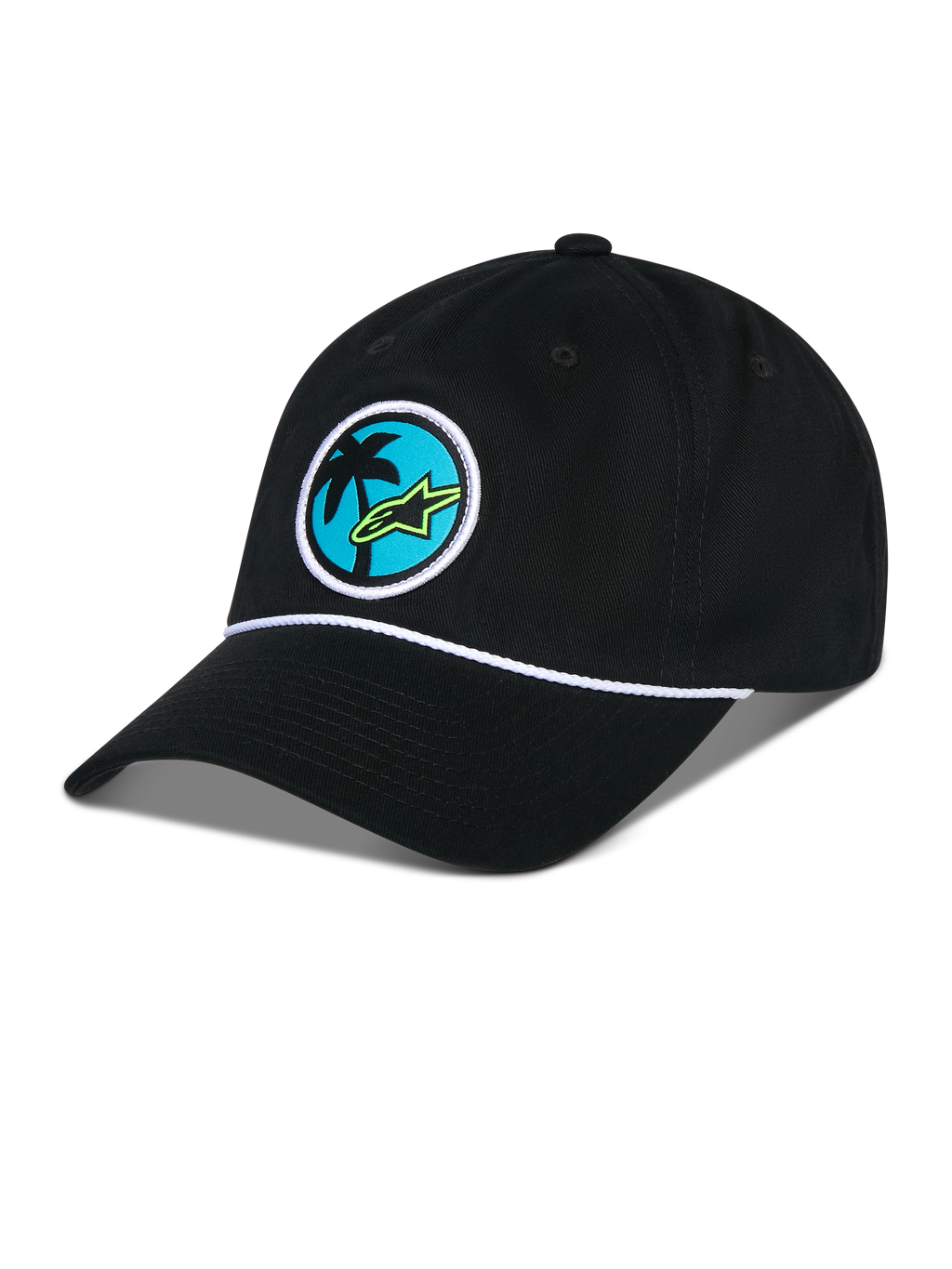 Cappello Alpinestars Calipalm Strapback, nero, corona bassa non strutturata con visiera curva, dettaglio cordino bianco, toppa circolare frontale con palma e logo Astars verde lime, abbigliamento sportivo casual