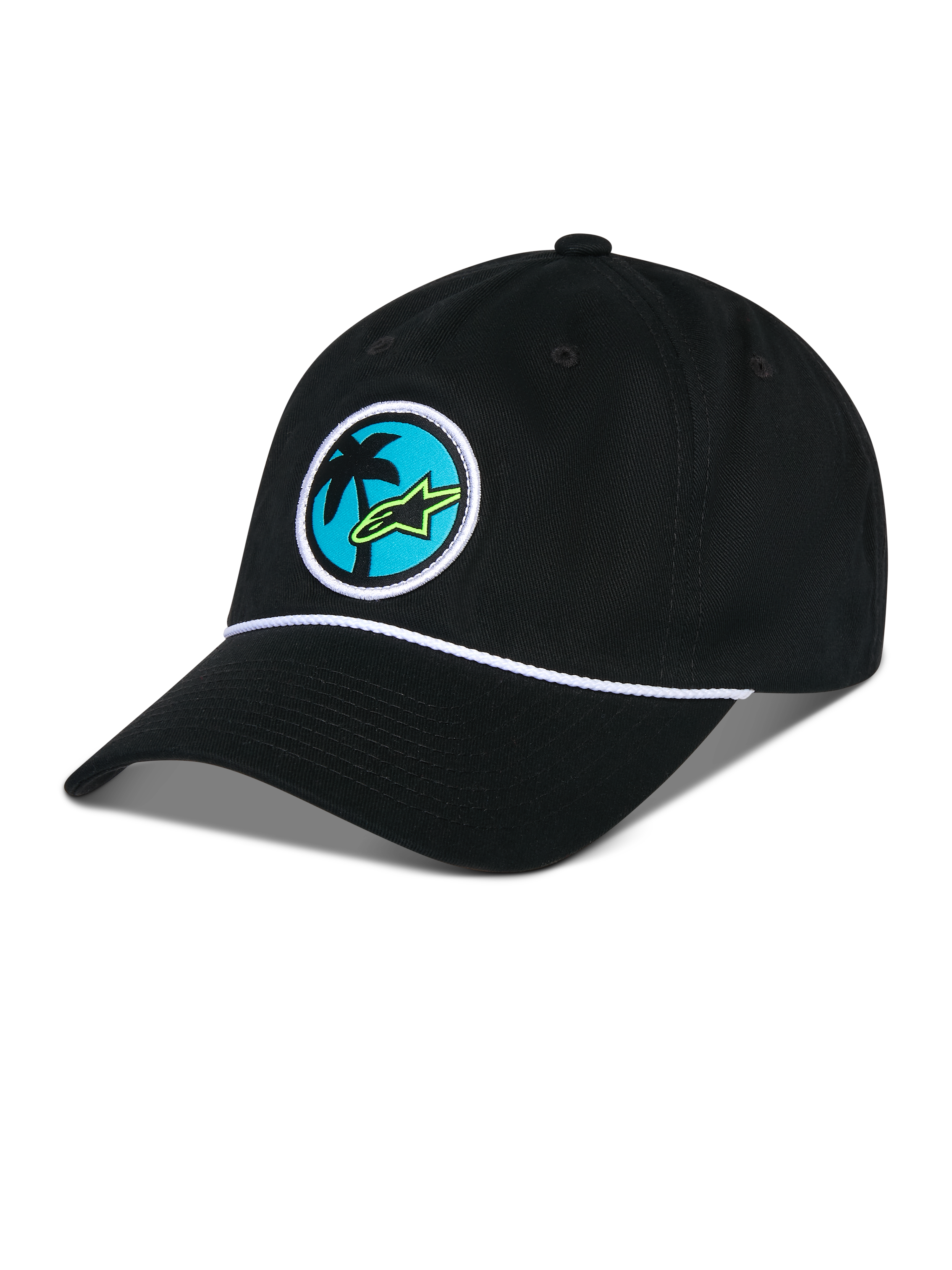 Cappello Alpinestars Calipalm Strapback, nero, corona bassa non strutturata con visiera curva, dettaglio cordino bianco, toppa circolare frontale con palma e logo Astars verde lime, abbigliamento sportivo casual