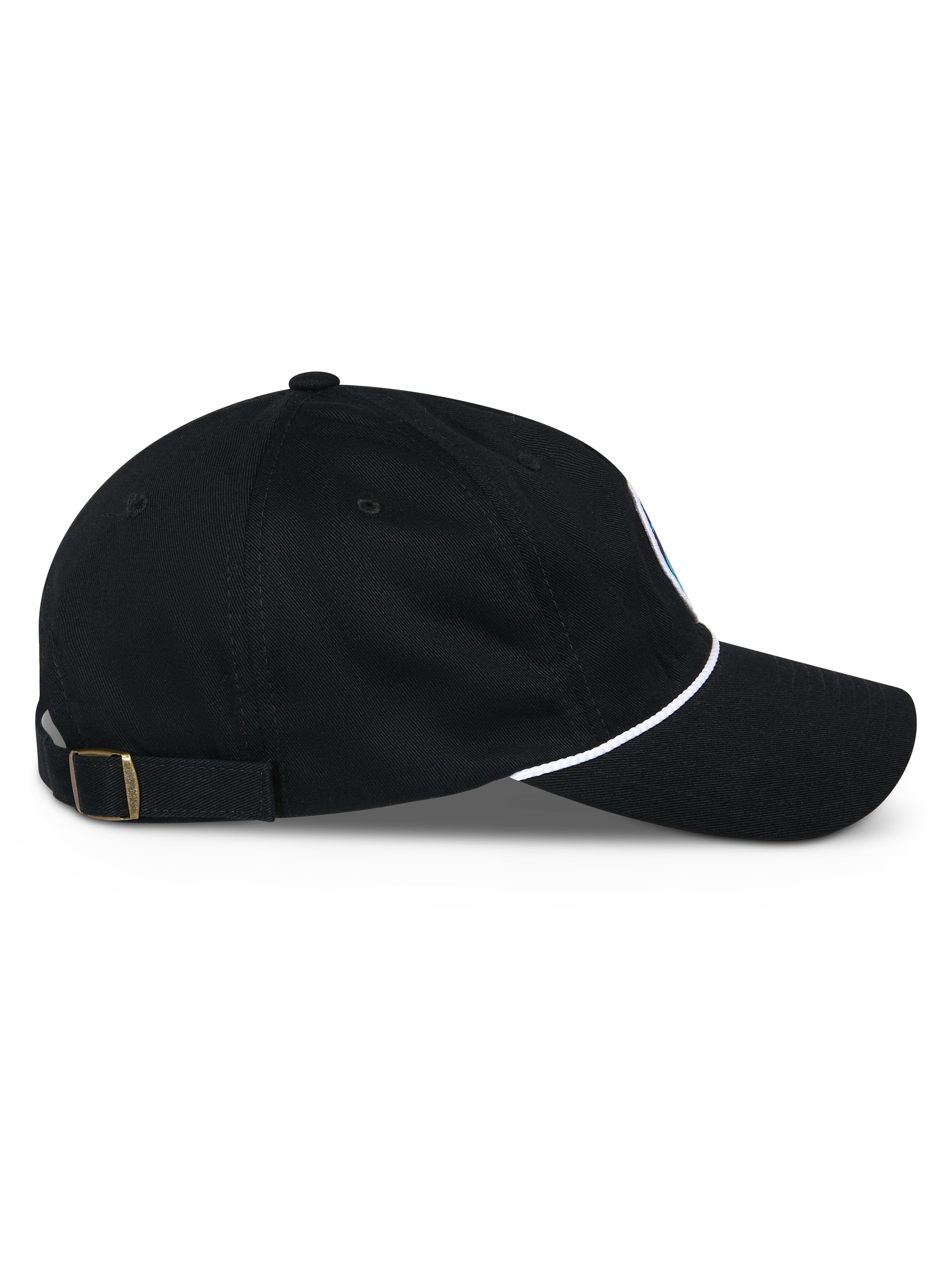 Cappello Alpinestars Calipalm Strapback, profilo laterale, nero, visiera curva con dettaglio cordino bianco, chiusura regolabile con fibbia in ottone, 100% twill di cotone, copricapo casual di ispirazione motorsport