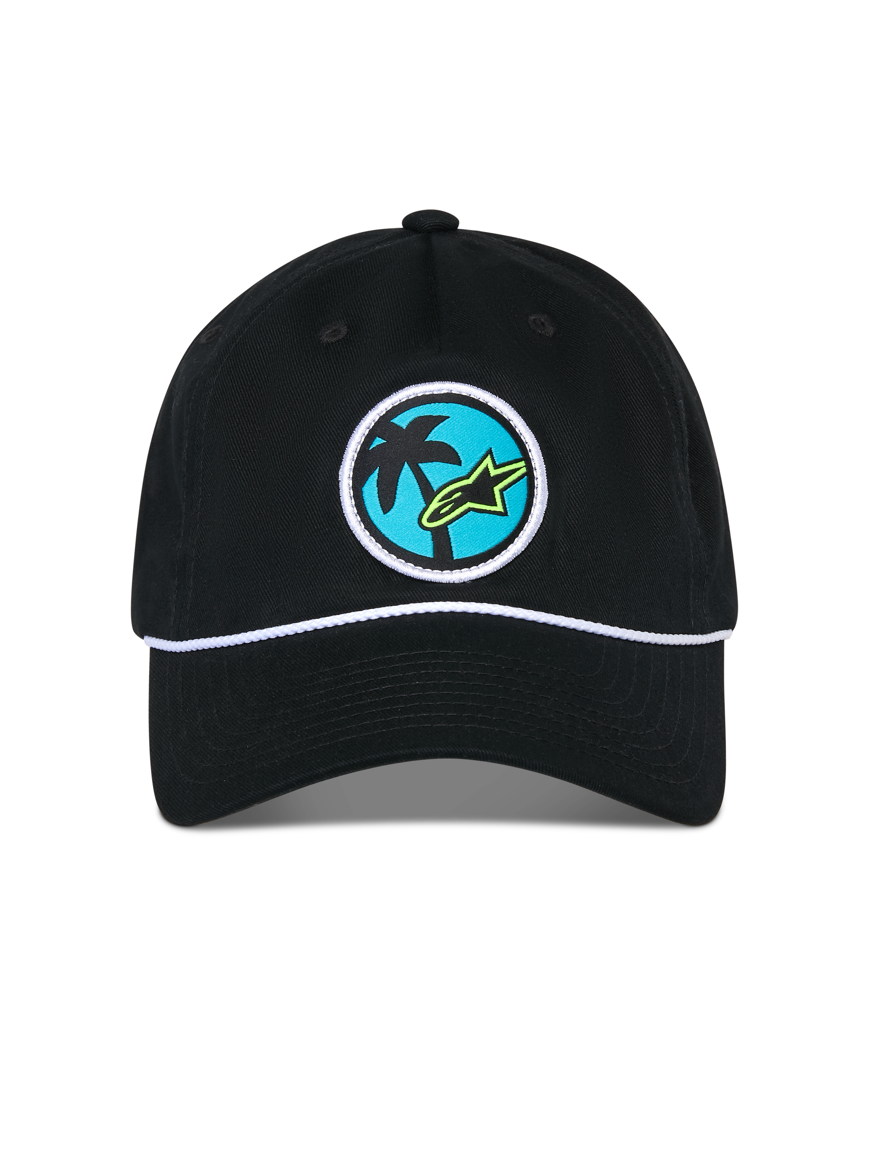 Cappello Alpinestars Calipalm Strapback, cappello nero, caratterizzato da una toppa circolare tessuta con una palma e logo Astars verde lime su sfondo blu, dettaglio cordino bianco sopra la visiera, abbigliamento sportivo casual