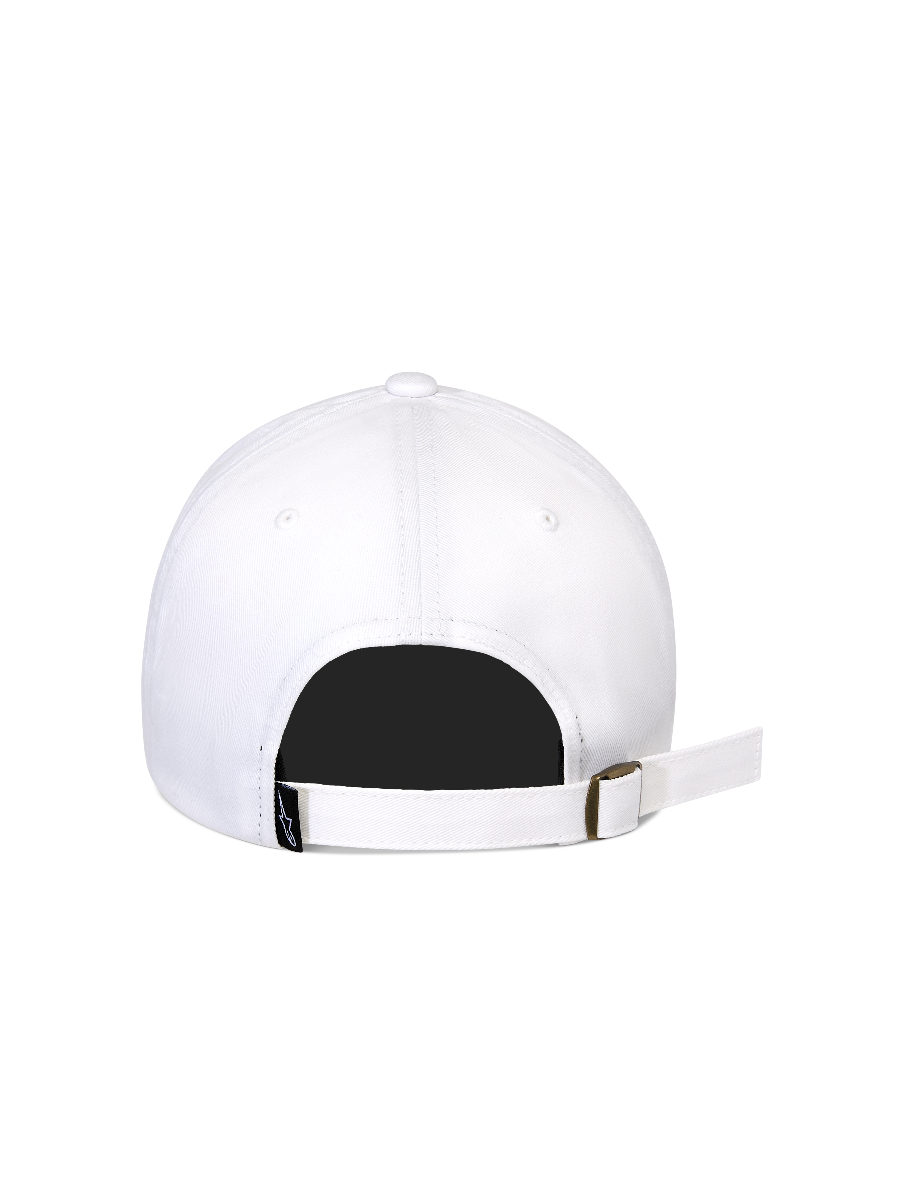 Alpinestars Calipalm Strapback Hat, bianco, vista posteriore che mostra la chiusura strapback regolabile con fibbia in metallo, tessuto in twill di cotone bianco, piccola etichetta con logo in tessuto nero, design casual sportswear