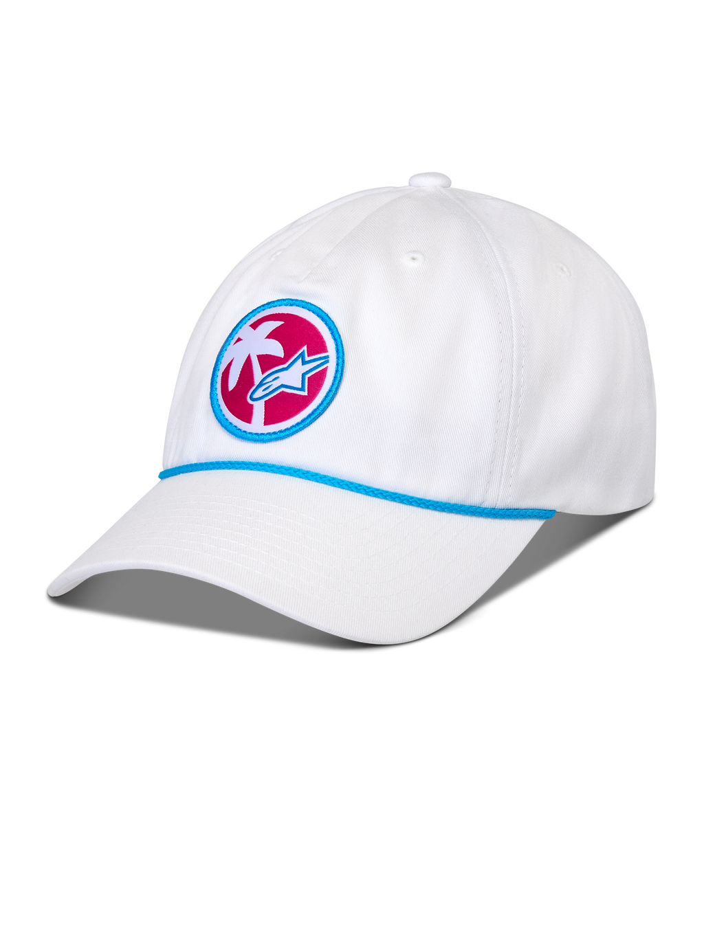 Cappello Alpinestars Calipalm Strapback, bianco, visiera curva con dettaglio a cordina blu, toppa frontale circolare con palma bianca e logo Astars blu su sfondo rosa, copricapo sportswear casual