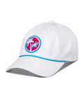 Cappello Alpinestars Calipalm Strapback, bianco, visiera curva con dettaglio a cordina blu, toppa frontale circolare con palma bianca e logo Astars blu su sfondo rosa, copricapo sportswear casual