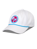 Cappello Alpinestars Calipalm Strapback, bianco, visiera curva con dettaglio a cordina blu, toppa frontale circolare con palma bianca e logo Astars blu su sfondo rosa, copricapo sportswear casual