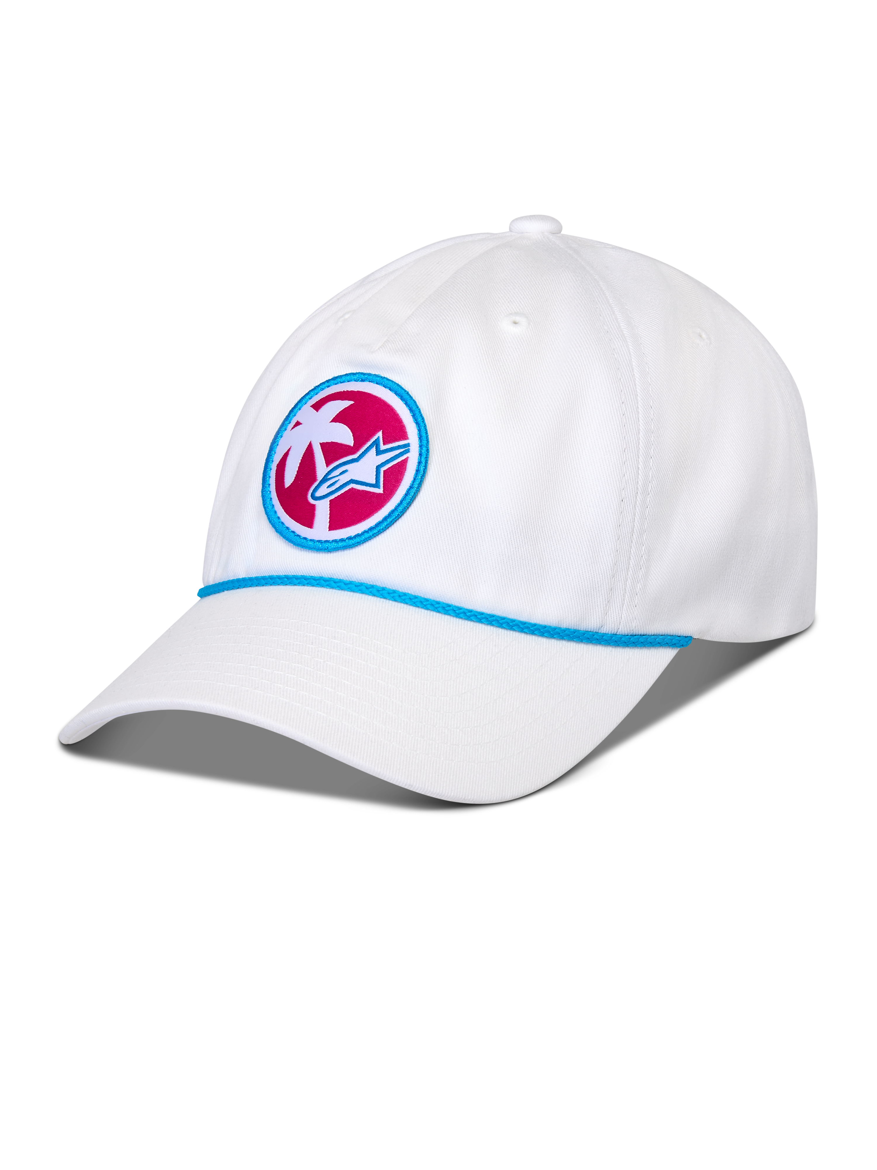 Cappello Alpinestars Calipalm Strapback, bianco, visiera curva con dettaglio a cordina blu, toppa frontale circolare con palma bianca e logo Astars blu su sfondo rosa, copricapo sportswear casual