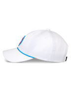 Cappello Alpinestars Calipalm Strapback, berretto da baseball bianco, vista laterale con visiera curva e dettaglio cordino blu, corona bassa non strutturata in twill di cotone bianco, copricapo sportswear casual