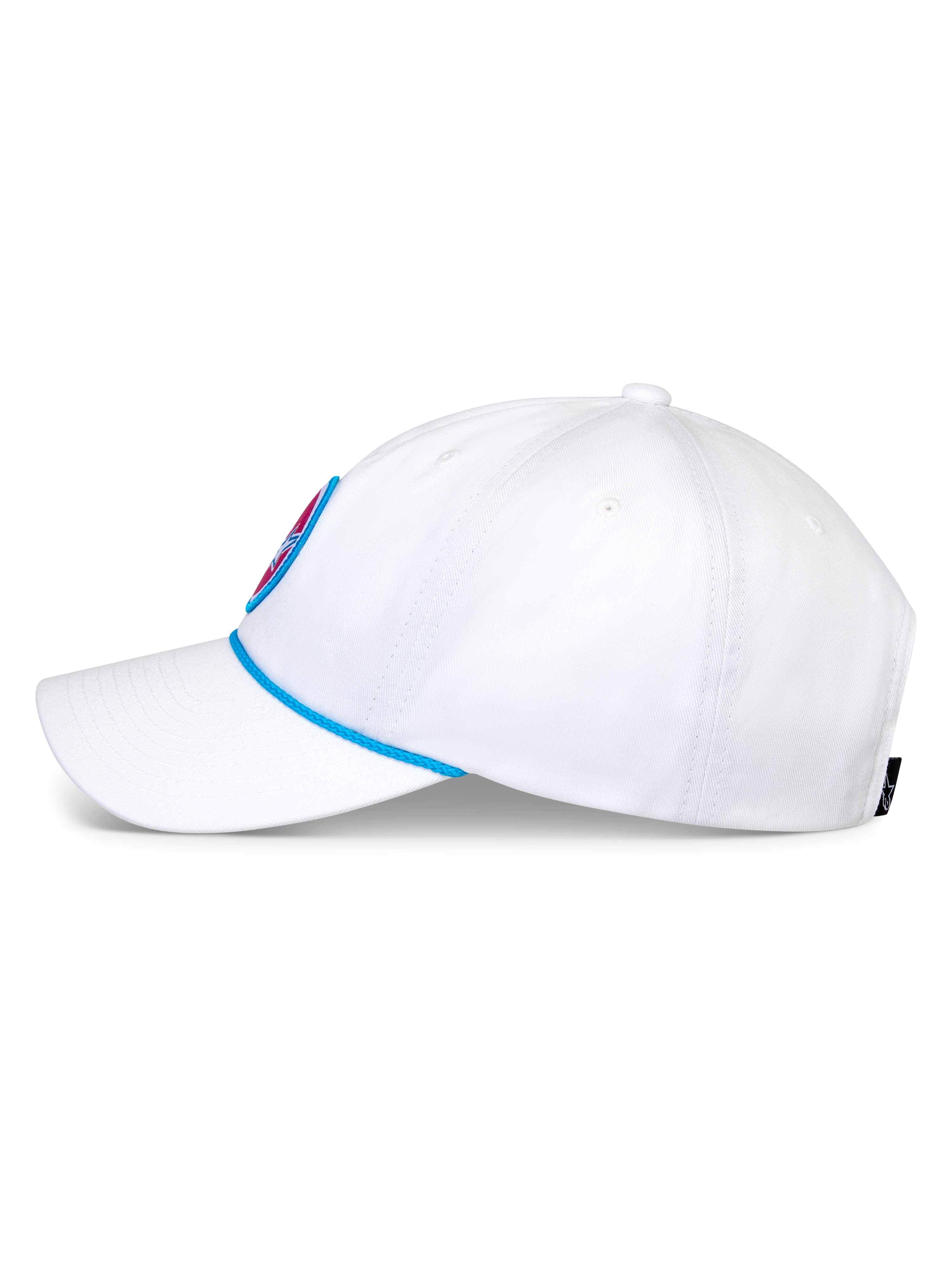 Cappello Alpinestars Calipalm Strapback, berretto da baseball bianco, vista laterale con visiera curva e dettaglio cordino blu, corona bassa non strutturata in twill di cotone bianco, copricapo sportswear casual
