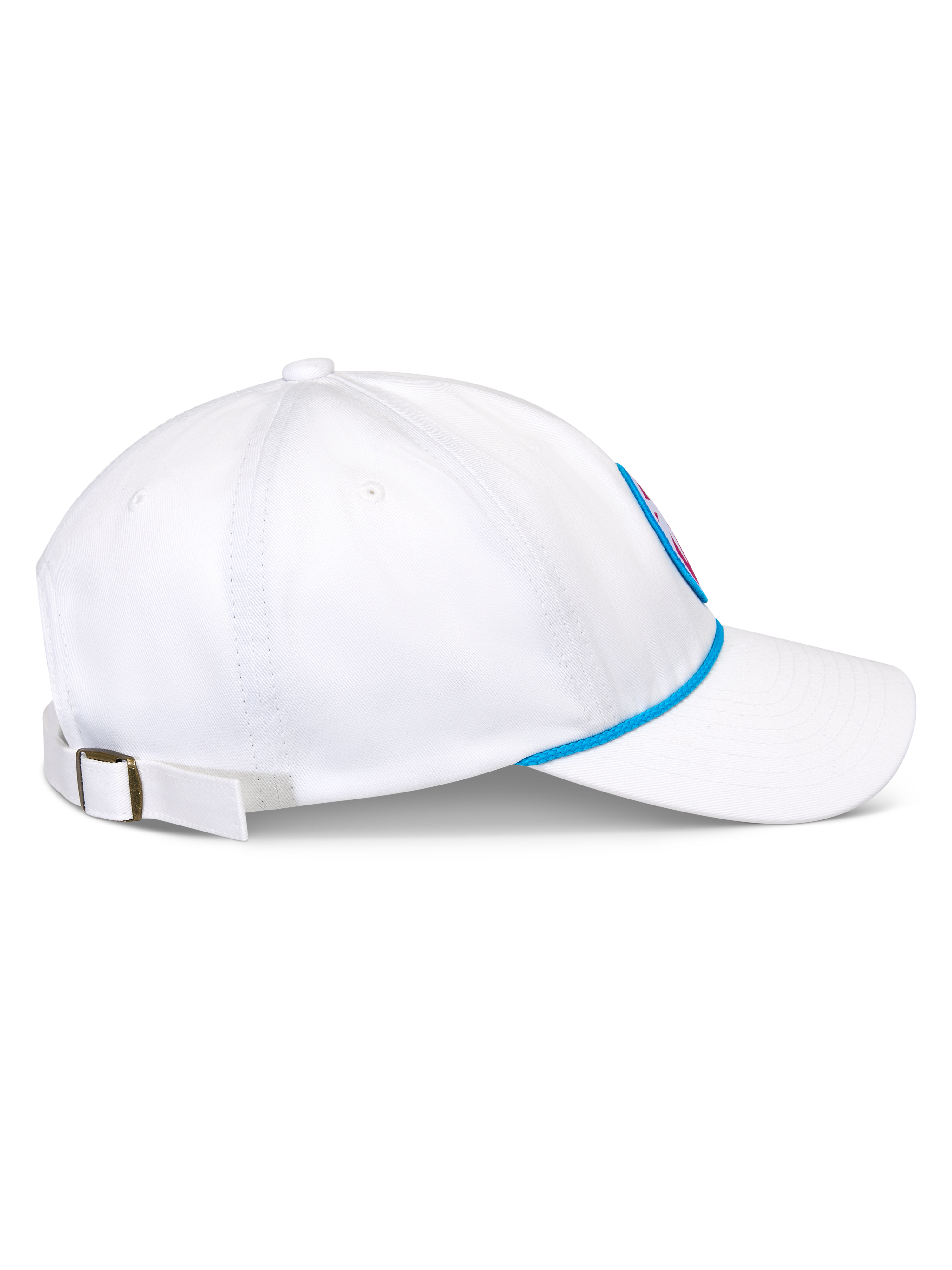 Cappello Alpinestars Calipalm Strapback, bianco, vista laterale che mostra la visiera curva e la corona bassa non strutturata, dettaglio in corda blu alla base, cinturino posteriore regolabile con fibbia in metallo, abbigliamento sportivo casual in twill di cotone