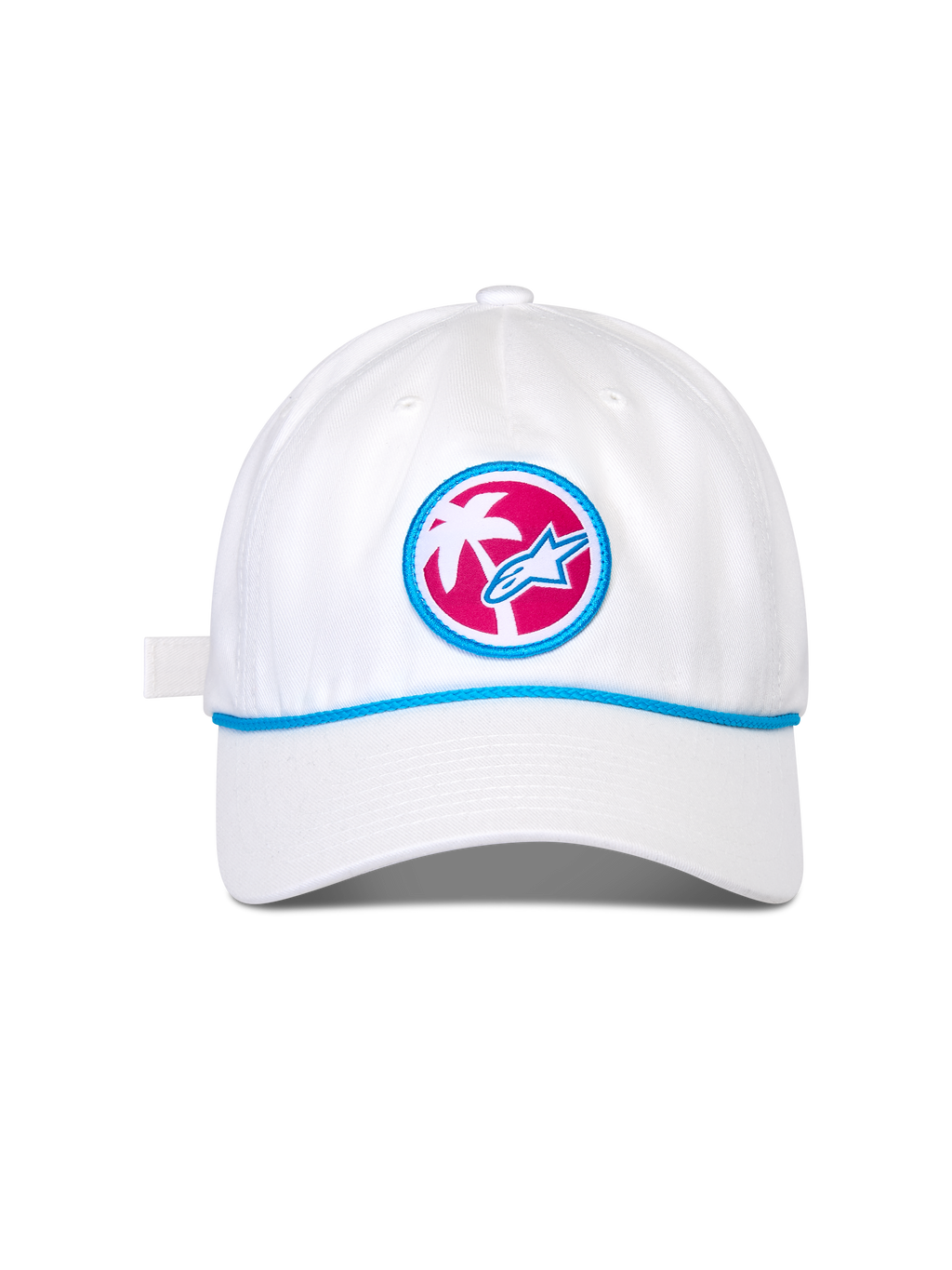 Cappello Alpinestars Calipalm Strapback, cappellino da baseball bianco, visiera curva con dettaglio a cordino blu, toppa frontale circolare con sfondo rosa, palma bianca e logo Astars blu, copricapo sportivo casual