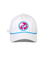 Cappello Alpinestars Calipalm Strapback, cappellino da baseball bianco, visiera curva con dettaglio a cordino blu, toppa frontale circolare con sfondo rosa, palma bianca e logo Astars blu, copricapo sportivo casual
