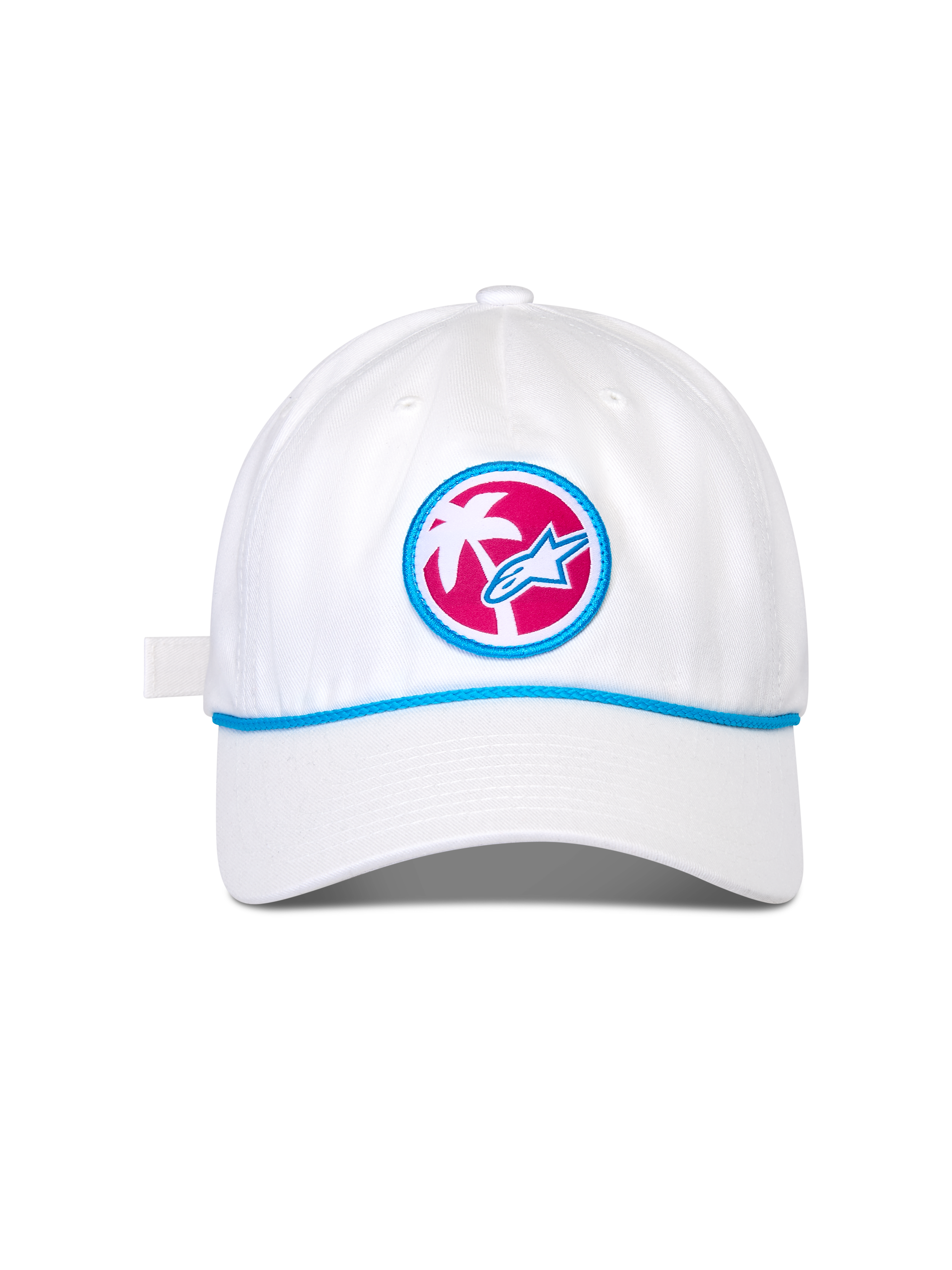 Cappello Alpinestars Calipalm Strapback, cappellino da baseball bianco, visiera curva con dettaglio a cordino blu, toppa frontale circolare con sfondo rosa, palma bianca e logo Astars blu, copricapo sportivo casual