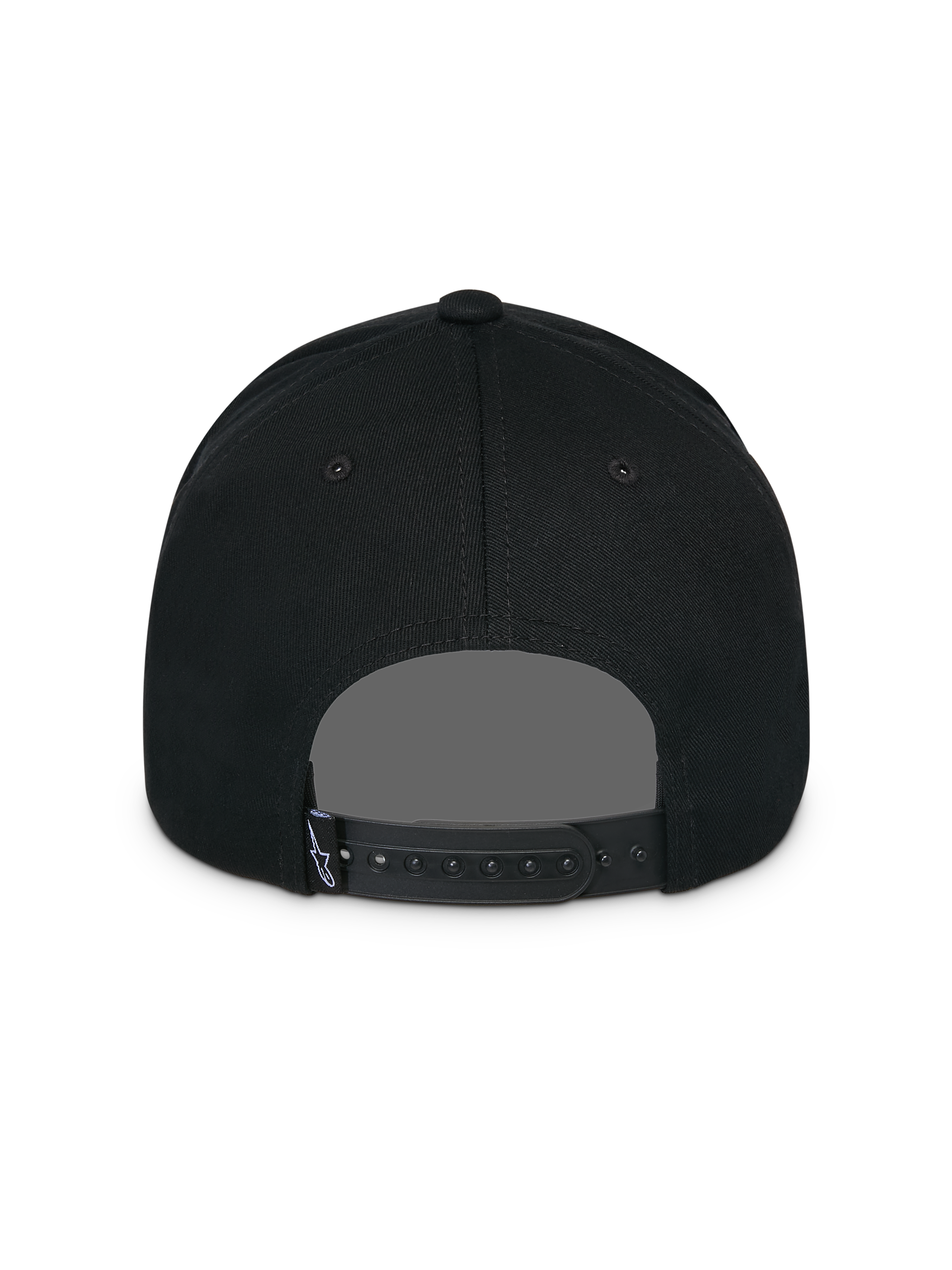 Cappello Alpinestars Lucid Snapback, nero, vista posteriore, con chiusura snapback regolabile e piccola etichetta con logo Astars, corona strutturata, copricapo casual ispirato al motorsport
