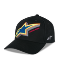 Cappello Alpinestars Lucid Snapback, cappellino da baseball strutturato nero, logo Astars ricamato multicolore vivace con scritta 'Racing Ahead' sul davanti, visiera curva, logo laterale bianco ricamato, copricapo motorsport casual