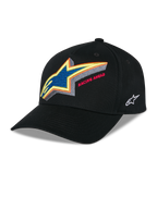 Cappello Alpinestars Lucid Snapback, cappellino da baseball strutturato nero, logo Astars ricamato multicolore vivace con scritta 'Racing Ahead' sul davanti, visiera curva, logo laterale bianco ricamato, copricapo motorsport casual