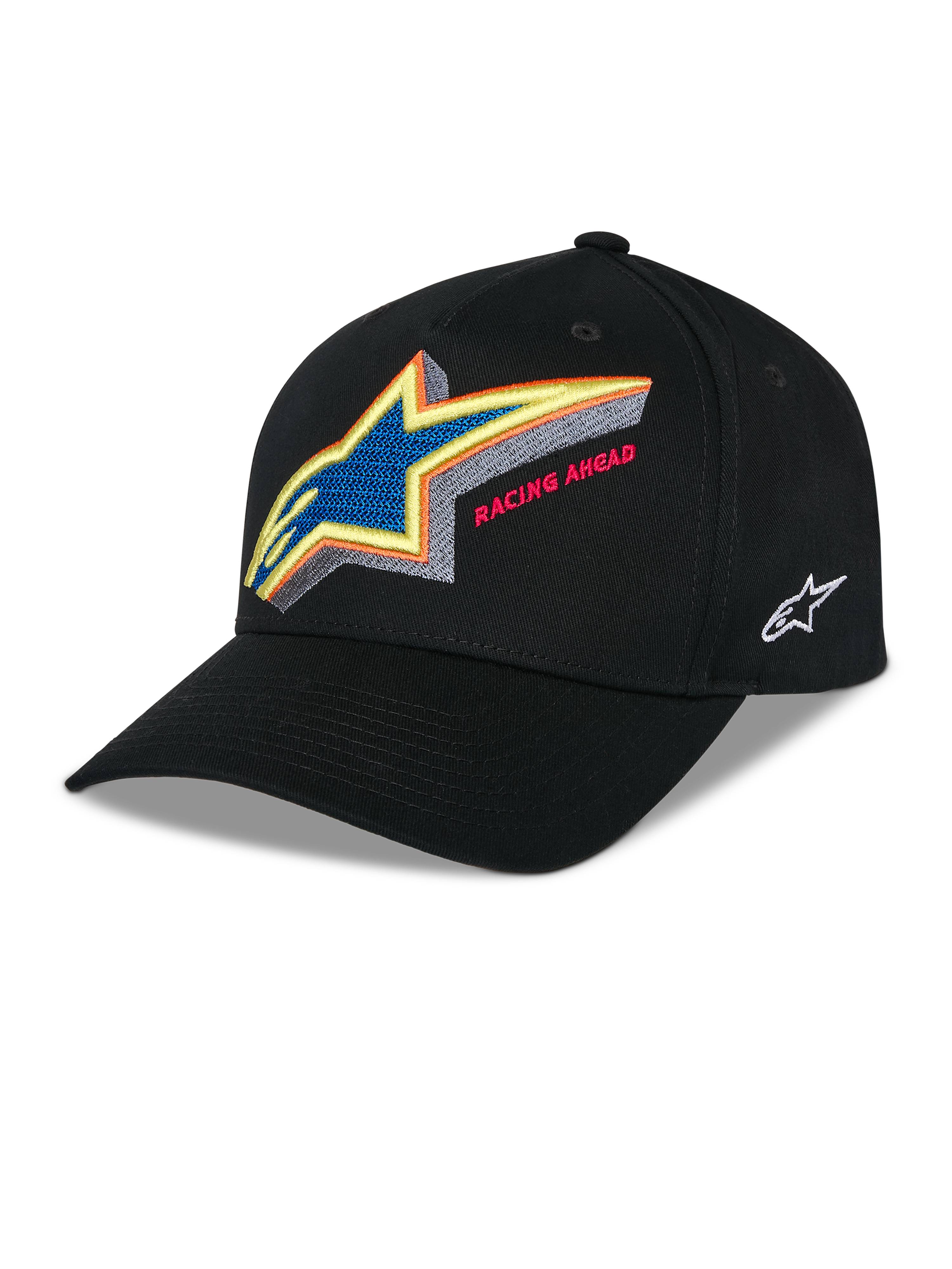 Cappello Alpinestars Lucid Snapback, cappellino da baseball strutturato nero, logo Astars ricamato multicolore vivace con scritta 'Racing Ahead' sul davanti, visiera curva, logo laterale bianco ricamato, copricapo motorsport casual