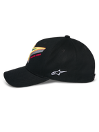 Cappello Alpinestars Lucid Snapback, nero, corona strutturata con visiera curva, con vivace ricamo multicolore del logo Astars sul davanti e logo laterale bianco, abbigliamento sportivo casual ispirato al motorsport