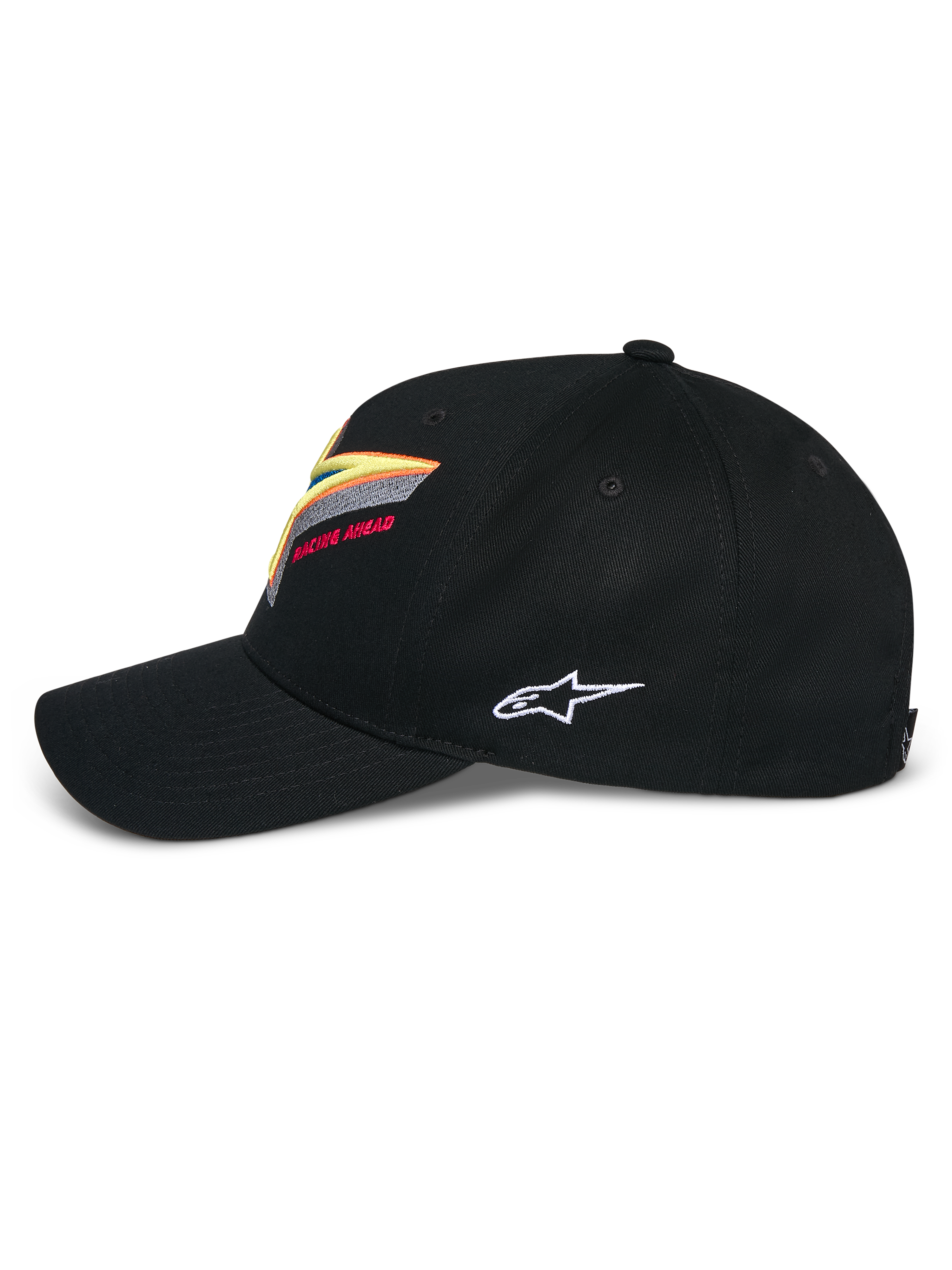 Cappello Alpinestars Lucid Snapback, nero, corona strutturata con visiera curva, con vivace ricamo multicolore del logo Astars sul davanti e logo laterale bianco, abbigliamento sportivo casual ispirato al motorsport