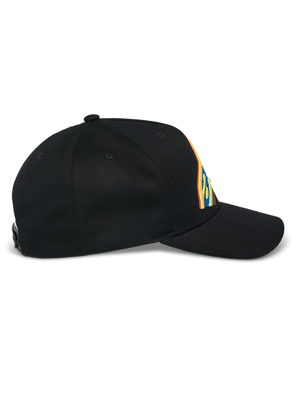 Alpinestars Lucid Snapback Hat, cappello nero, vista di profilo laterale, visiera curva con corona strutturata, vivace ricamo del logo multicolore, tessuto in twill di cotone 100%