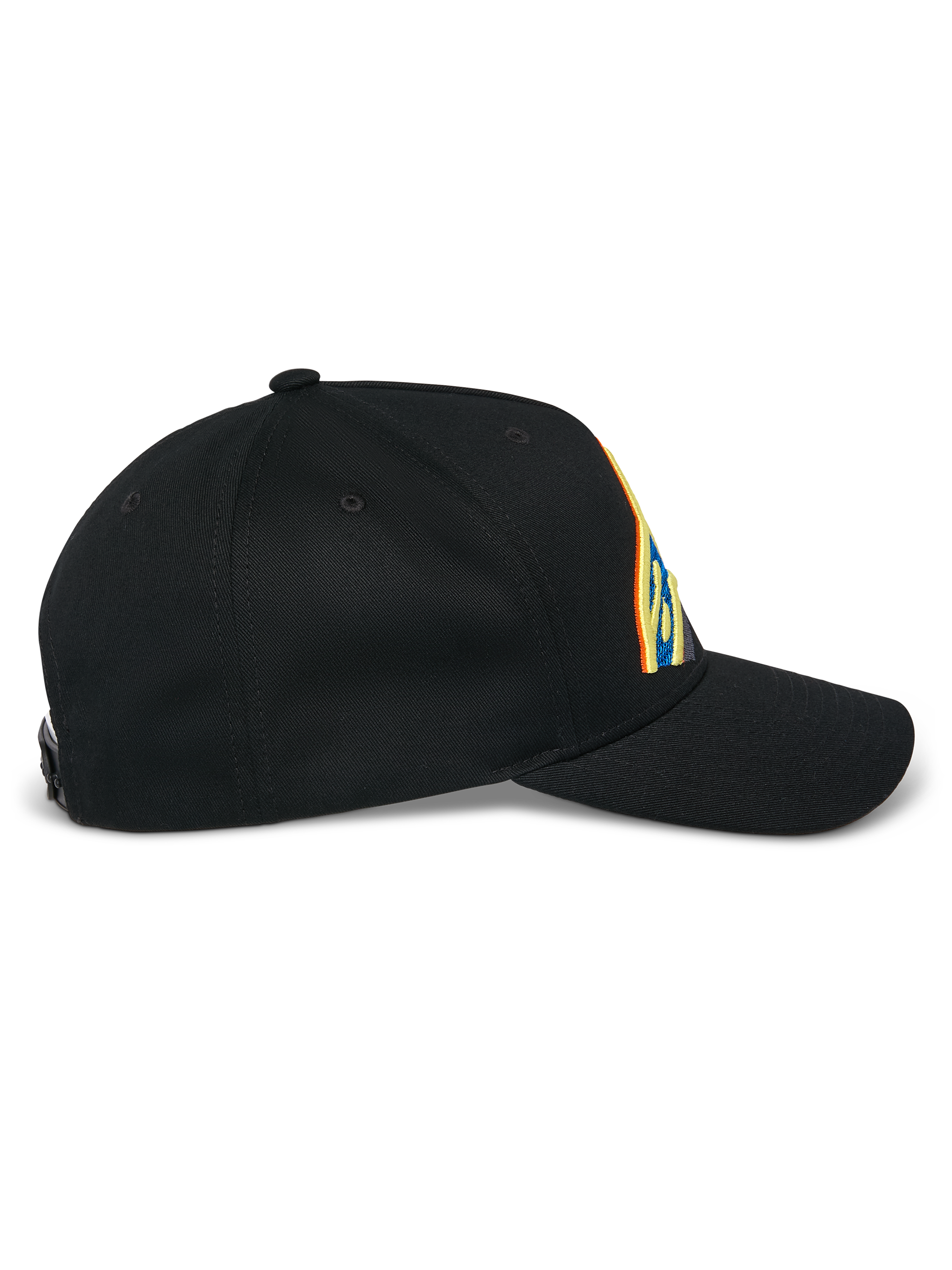Alpinestars Lucid Snapback Hat, cappello nero, vista di profilo laterale, visiera curva con corona strutturata, vivace ricamo del logo multicolore, tessuto in twill di cotone 100%