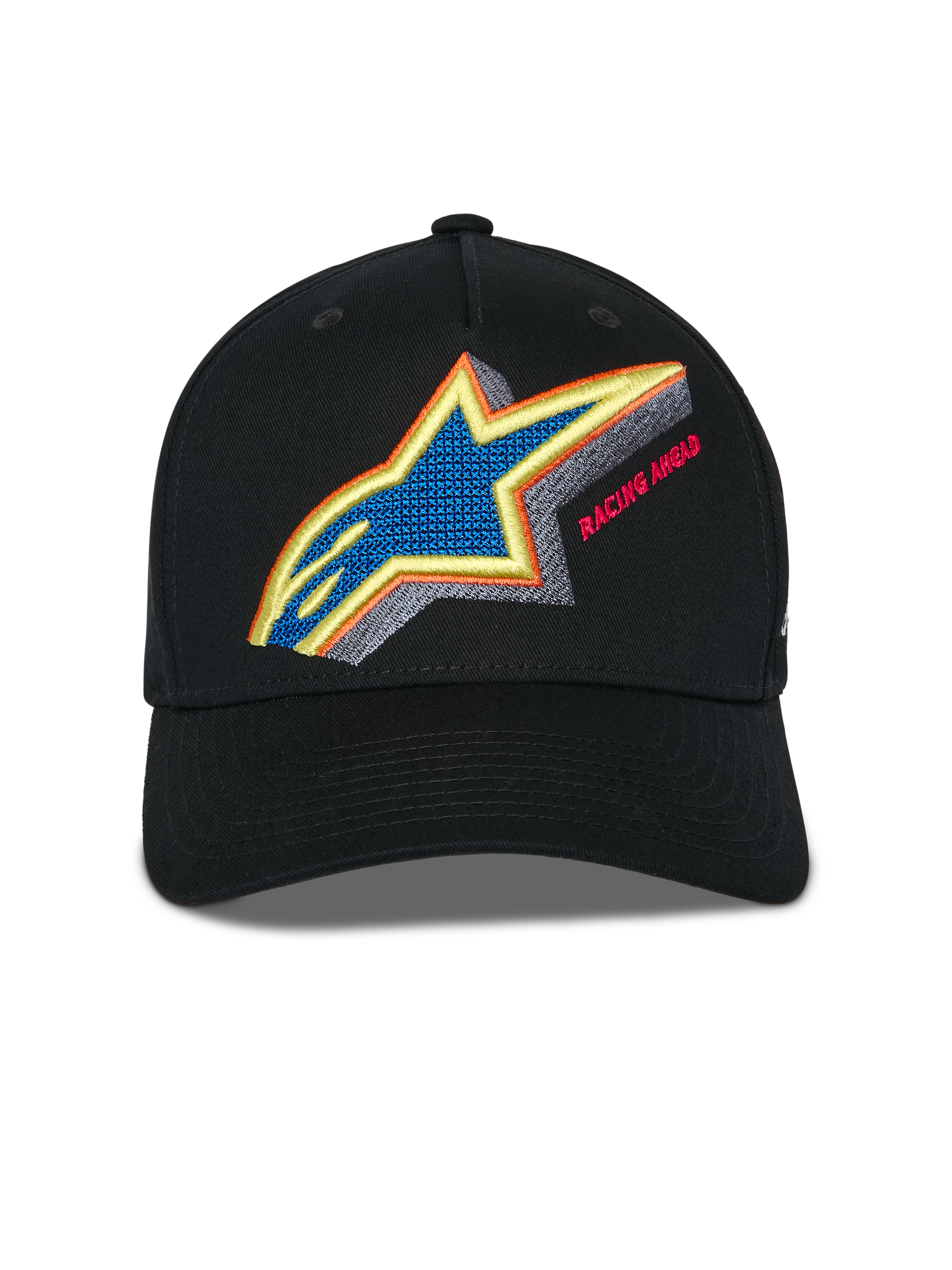 Cappello Alpinestars Lucid Snapback, nero, vista frontale con ricamo del logo Astars multicolore e scritta Racing Ahead, visiera curva e corona strutturata, accessorio casual sportswear