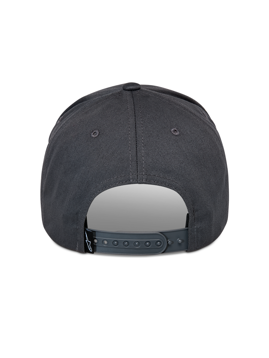 Cappello Alpinestars Lucid Snapback, grigio antracite, vista posteriore con chiusura snapback regolabile in plastica e piccola etichetta nera con logo, corona strutturata, accessorio casual ispirato al motorsport