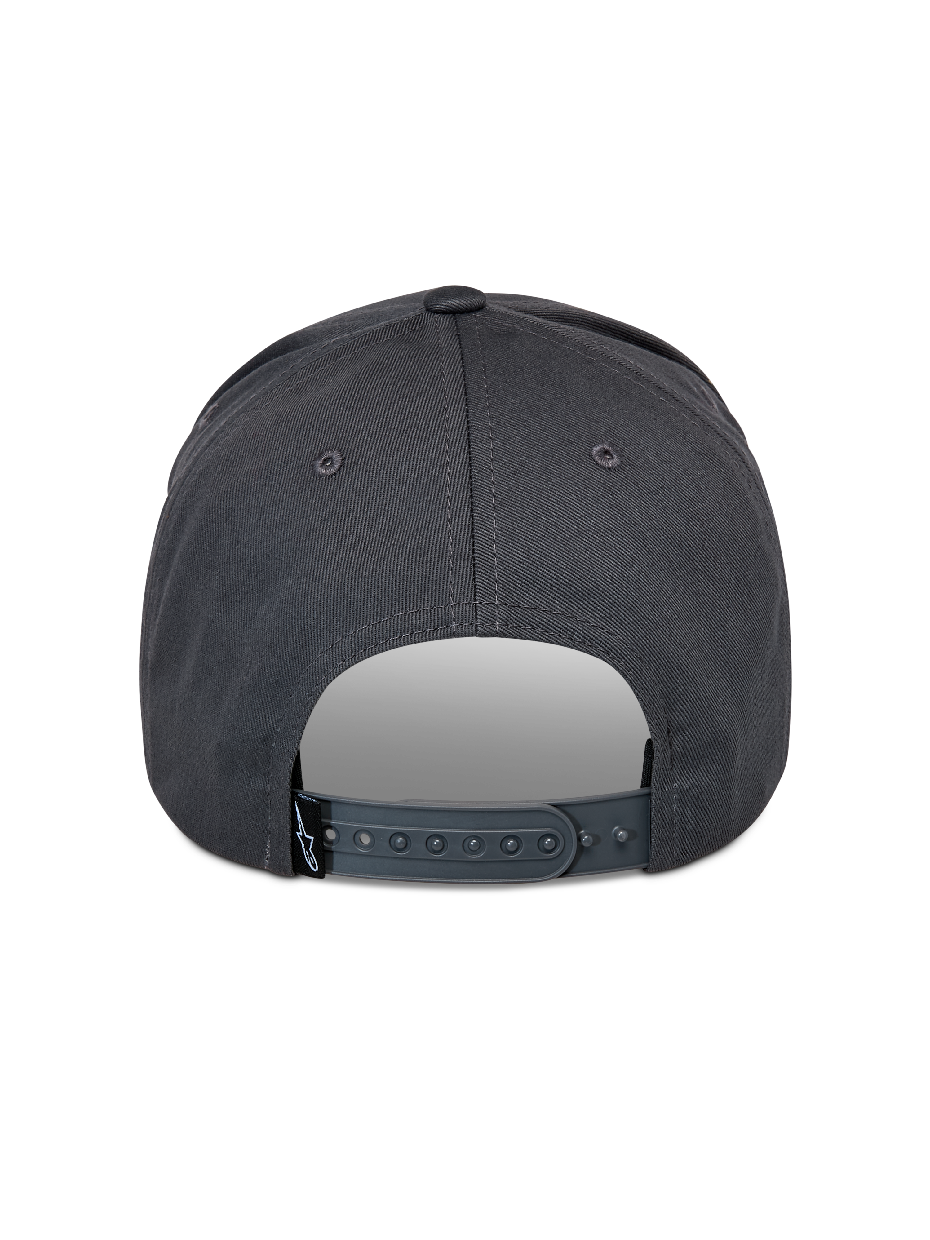 Cappello Alpinestars Lucid Snapback, grigio antracite, vista posteriore con chiusura snapback regolabile in plastica e piccola etichetta nera con logo, corona strutturata, accessorio casual ispirato al motorsport