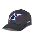 Cappello Alpinestars Lucid Snapback, cappellino da baseball grigio antracite, visiera curva con corona strutturata, grande logo Astars ricamato multicolore sul davanti con scritta 'Racing Ahead', piccolo logo laterale bianco, stile motorsport casual