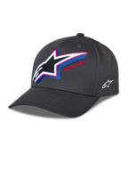 Cappello Alpinestars Lucid Snapback, cappellino da baseball grigio antracite, visiera curva con corona strutturata, grande logo Astars ricamato multicolore sul davanti con scritta 'Racing Ahead', piccolo logo laterale bianco, stile motorsport casual