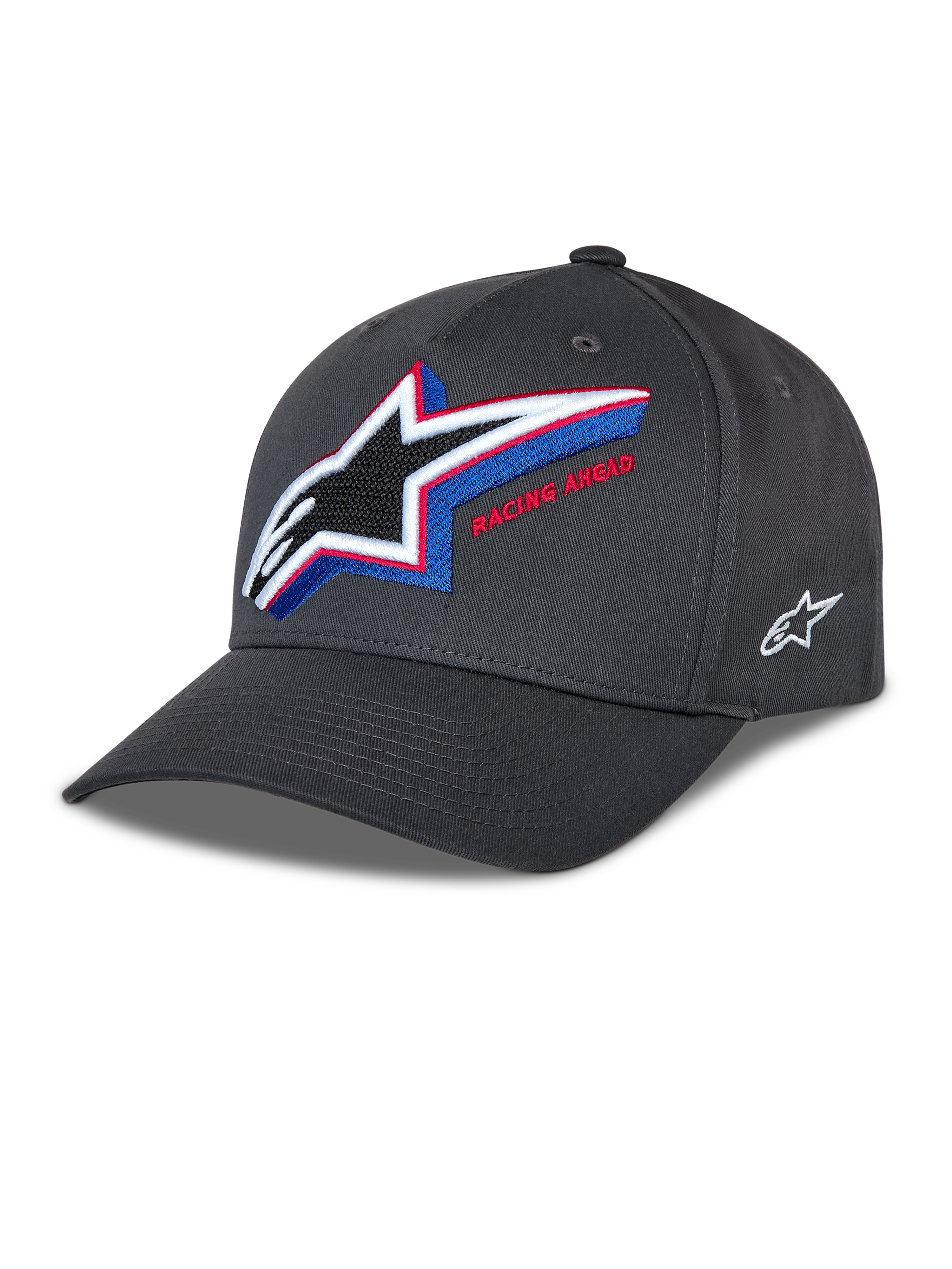 Cappello Alpinestars Lucid Snapback, cappellino da baseball grigio antracite, visiera curva con corona strutturata, grande logo Astars ricamato multicolore sul davanti con scritta 'Racing Ahead', piccolo logo laterale bianco, stile motorsport casual