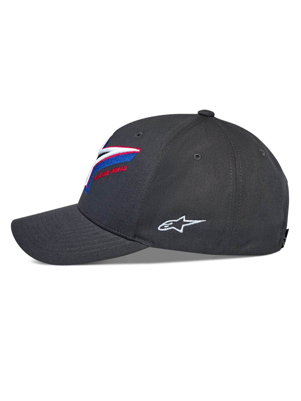 Cappello Alpinestars Lucid Snapback, vista laterale, grigio antracite, visiera curva con corona strutturata, ricamo del logo frontale multicolore vivace, logo Astars laterale bianco, copricapo casual motorsport