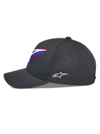 Cappello Alpinestars Lucid Snapback, vista laterale, grigio antracite, visiera curva con corona strutturata, ricamo del logo frontale multicolore vivace, logo Astars laterale bianco, copricapo casual motorsport