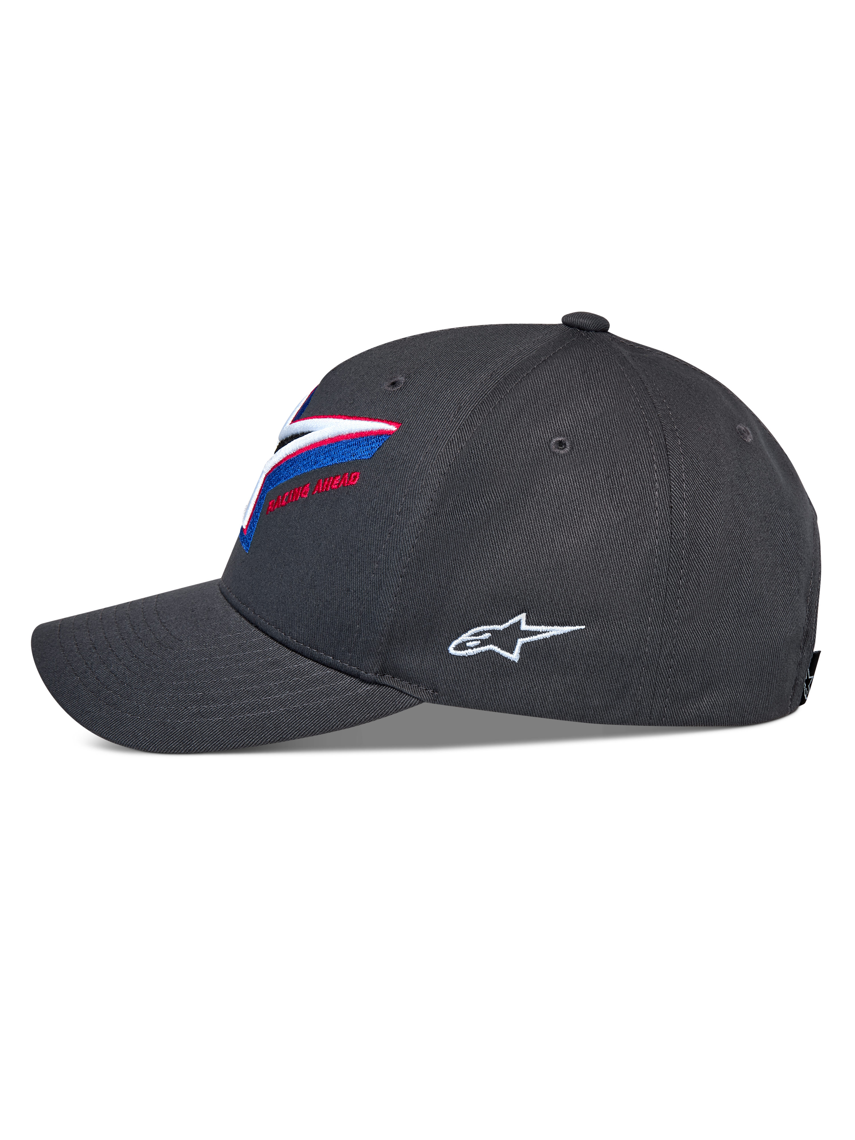 Cappello Alpinestars Lucid Snapback, vista laterale, grigio antracite, visiera curva con corona strutturata, ricamo del logo frontale multicolore vivace, logo Astars laterale bianco, copricapo casual motorsport