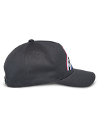 Alpinestars Lucid Snapback Hat, vista laterale, grigio antracite, visiera curva e corona strutturata, logo frontale ricamato con riempimento multicolore, snapback casual ispirato al motorsport