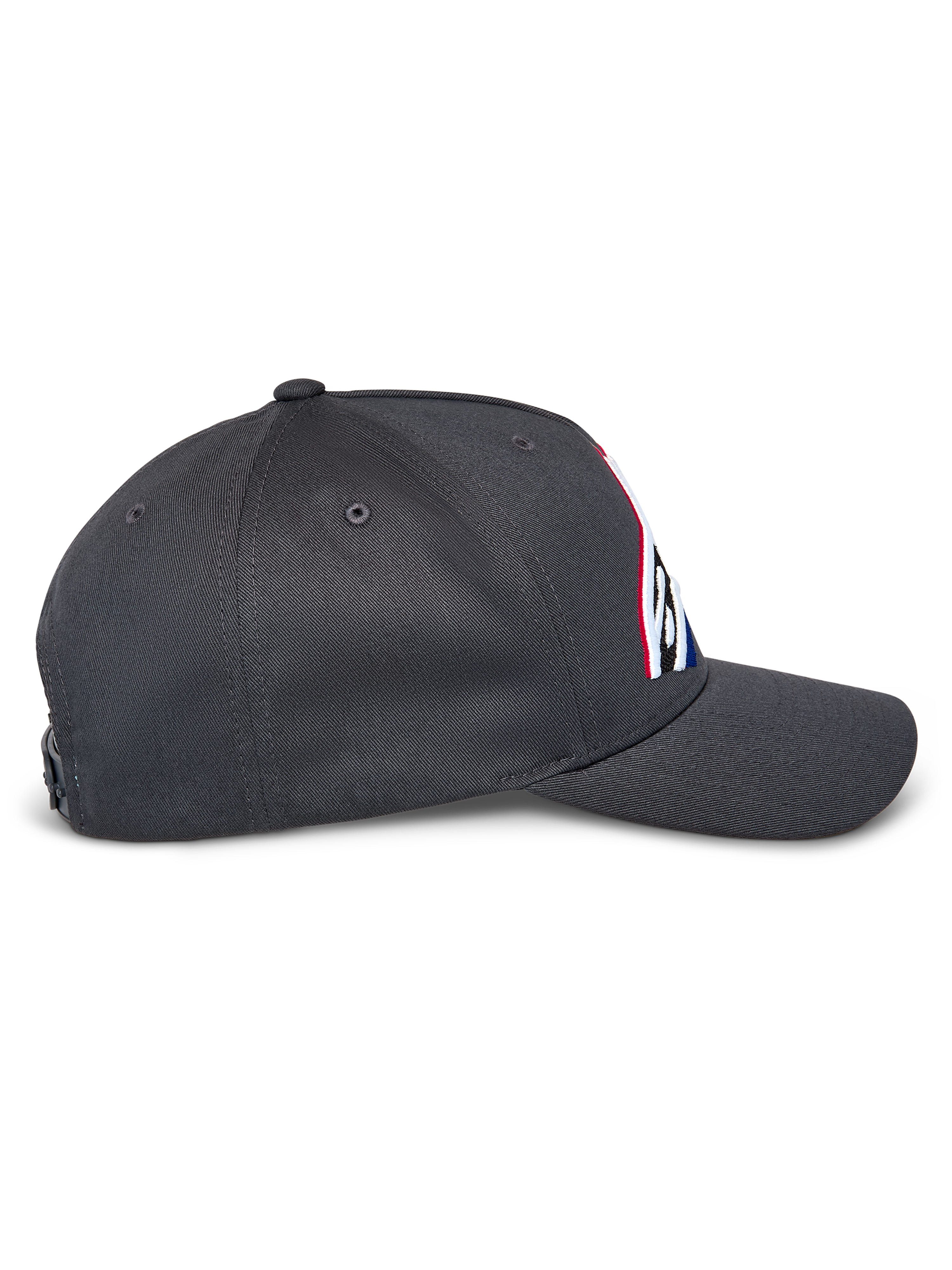 Alpinestars Lucid Snapback Hat, vista laterale, grigio antracite, visiera curva e corona strutturata, logo frontale ricamato con riempimento multicolore, snapback casual ispirato al motorsport