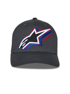 Cappello Alpinestars Lucid Snapback, grigio antracite, con logo Astars ricamato multicolore con accenti rossi e blu, visiera curva, corona strutturata, abbigliamento streetwear casual da motorsport