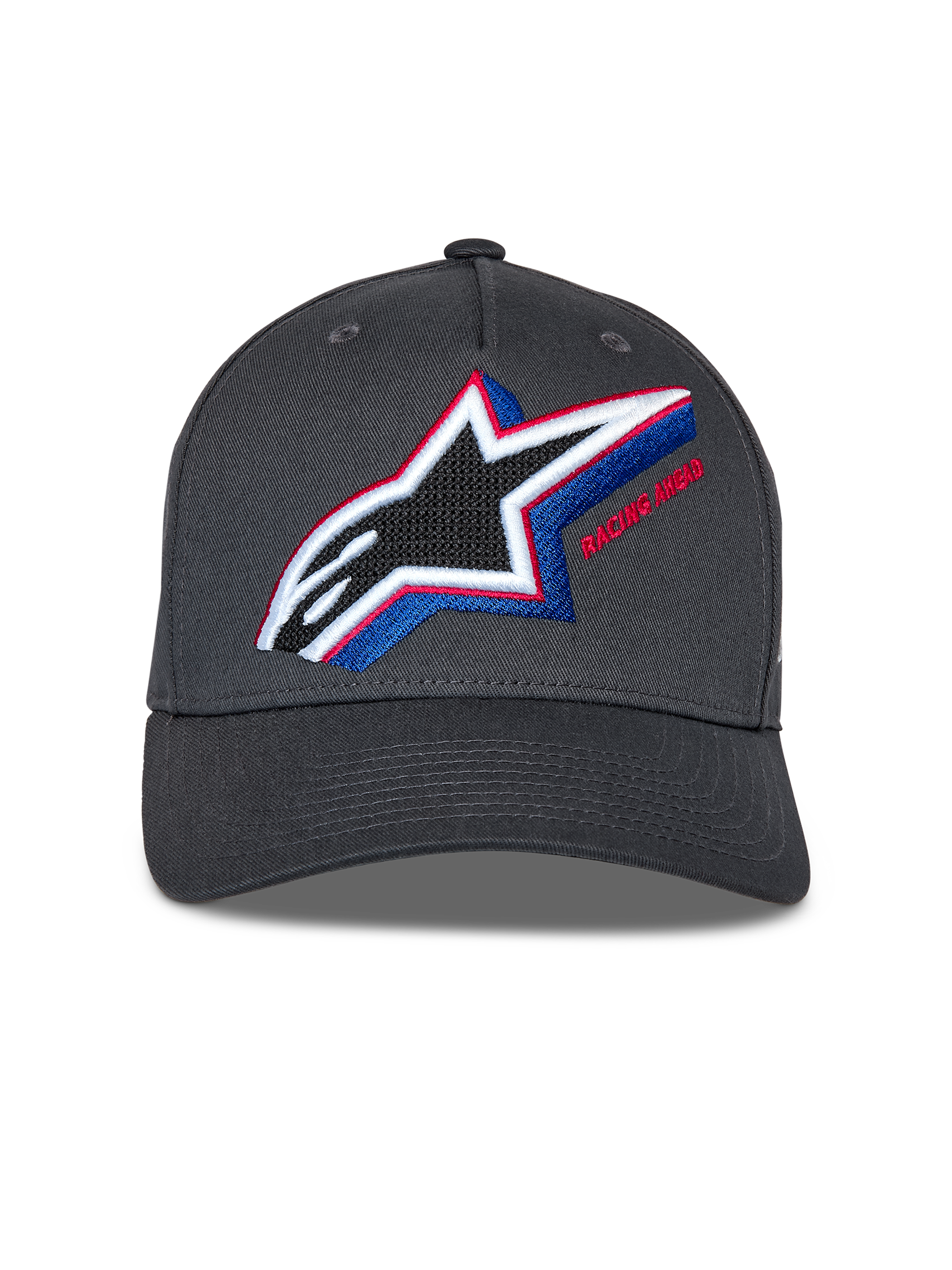 Cappello Alpinestars Lucid Snapback, grigio antracite, con logo Astars ricamato multicolore con accenti rossi e blu, visiera curva, corona strutturata, abbigliamento streetwear casual da motorsport