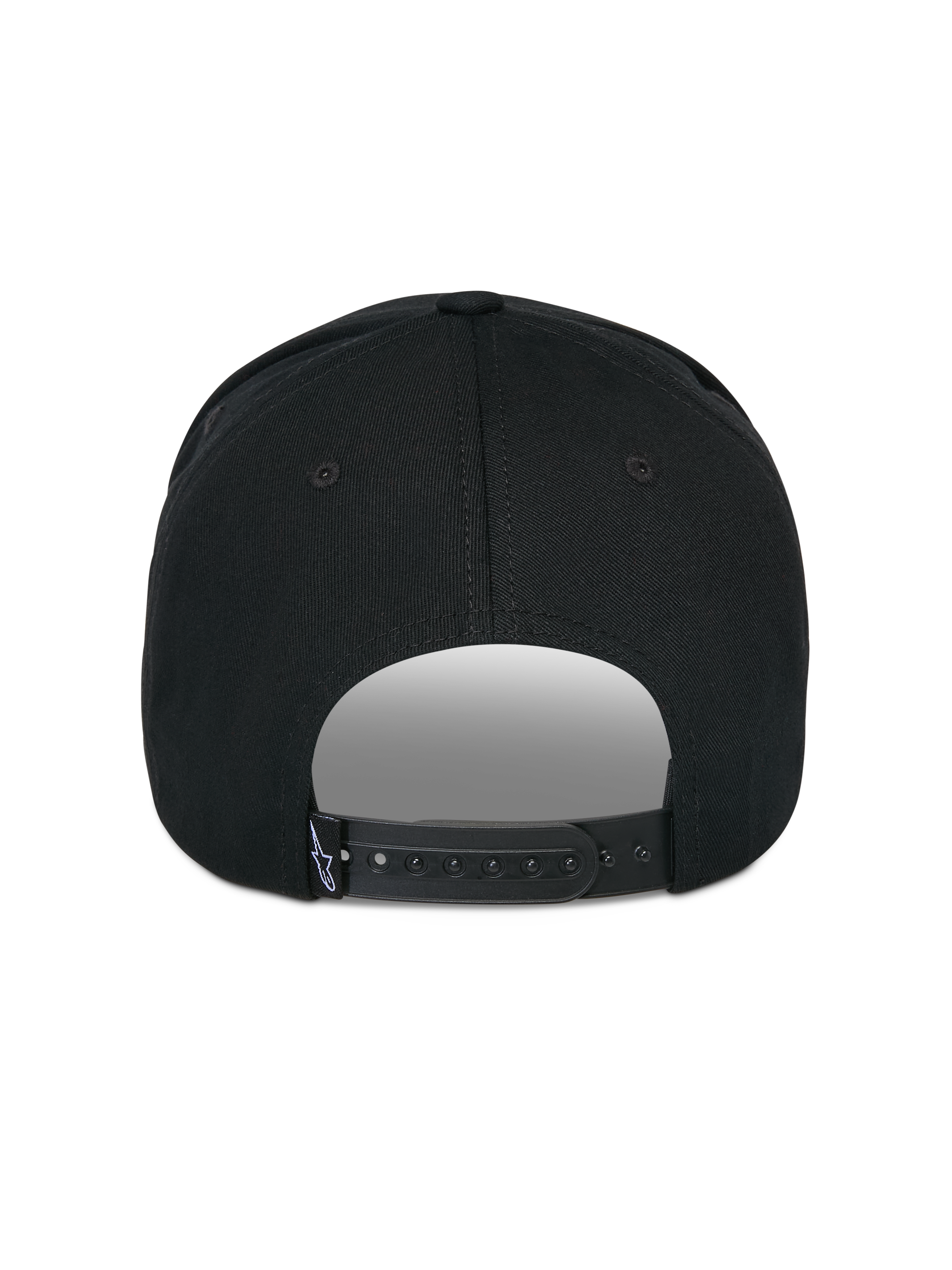 Cappello Alpinestars Matrix Snapback, nero, vista posteriore, con chiusura snapback regolabile e piccola etichetta con logo bianco, corona strutturata e visiera curva, streetwear casual ispirato al motorsport